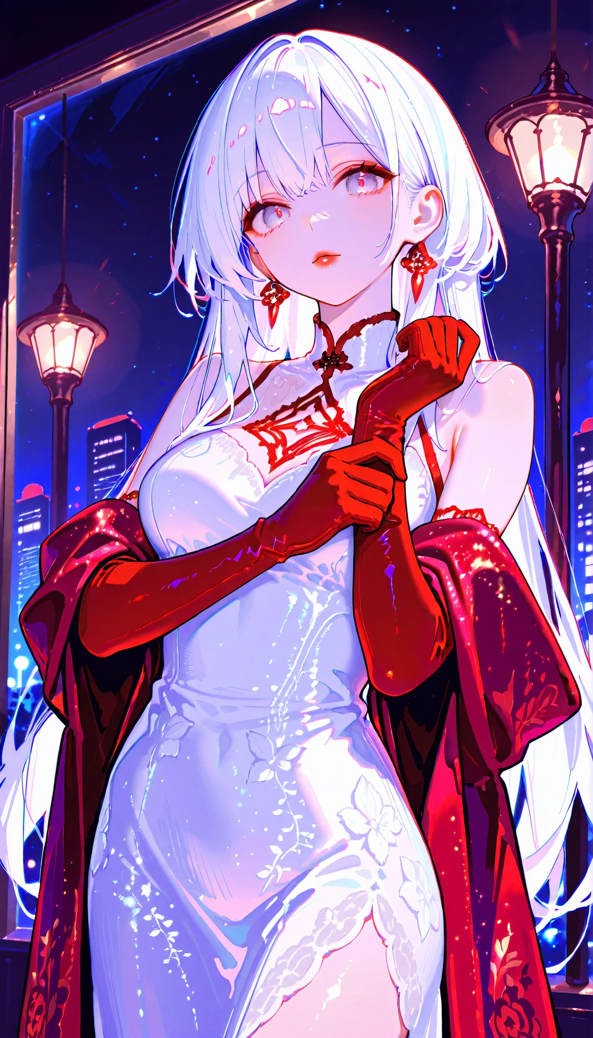 (RAW Photo), Absurd Resolution, Hyperrealism, Photorealism, Maximum Quality, 16k, Masterpiece, Ultra Detailed) (beautiful girl, 21 years old), (sharp pupil, gray eye), (white hair, vibrant reds), (made-up, red lips), (woman draped in a long, intricate white dress, long red velvet gloves), (standing, looking at the viewer), (playing with her hands, , flirtatious), (background: street, city, streetlights), late evening, volumetric lighting, (Photographic Perspective). «SunPuma S»