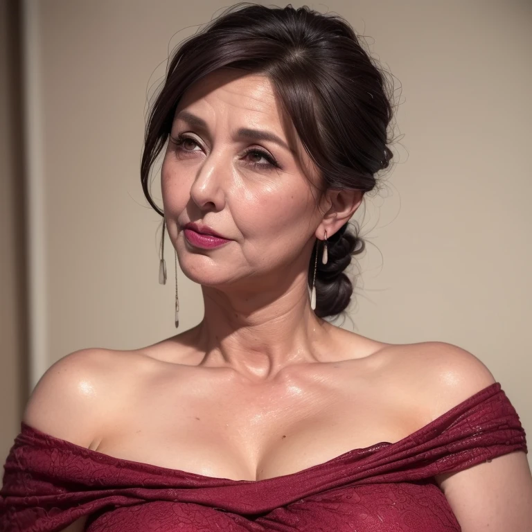 最high quality, 8K, Masseter muscle part, lively, sharp focus, high quality, High resolution, solo, japanese woman, 85 years old, (Full body Esbian), Knitted maxi dress,  Place your arms in front of your thighs, ((Highly detailed and realistic  wrinkles)), (highly detailed eyes), (thick lips), ((look at the audience)), Plump body shape, beautifully styled hair, big cleavage, big bulging , Beige dresses, bed time