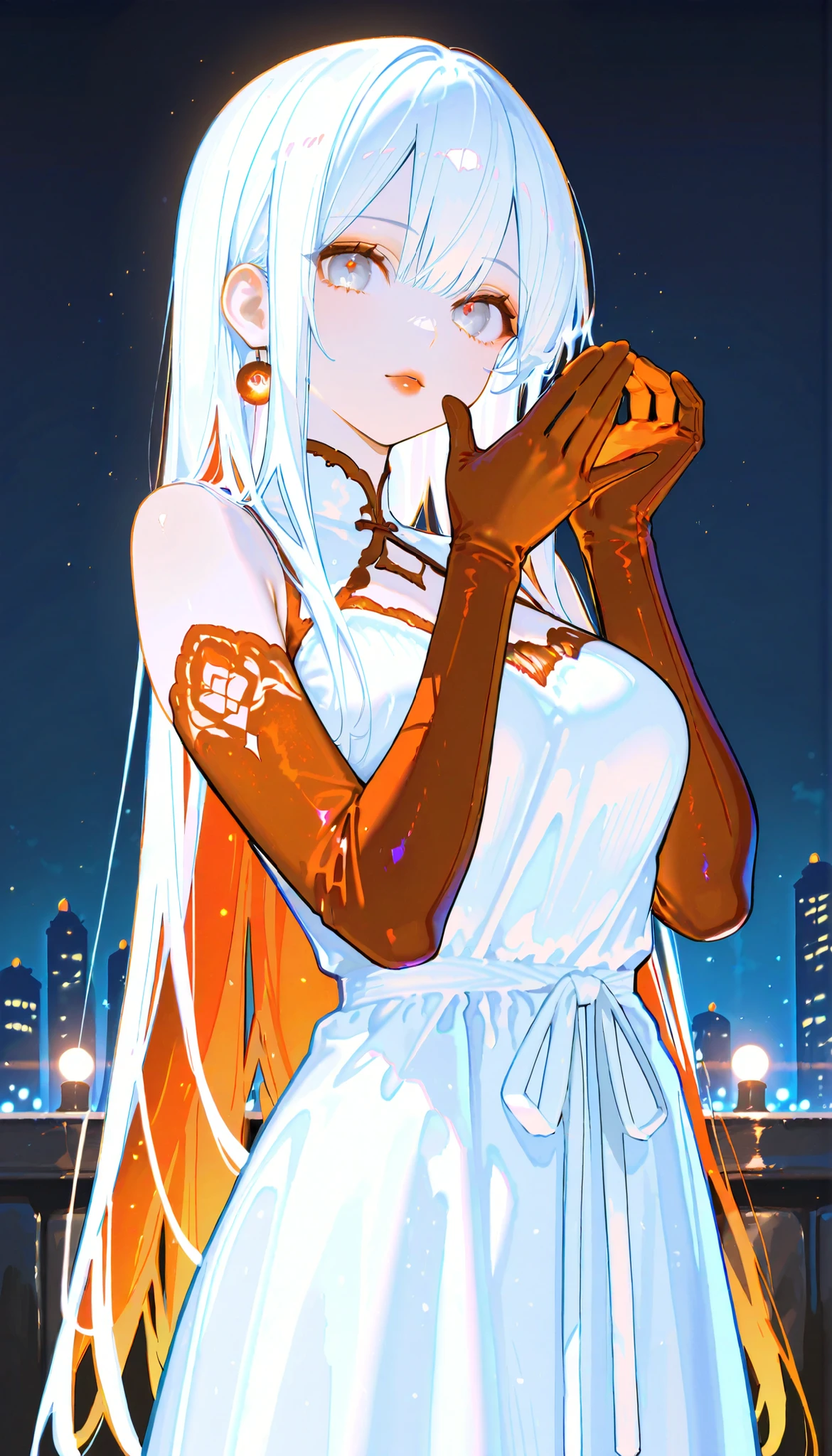 (RAW Photo), Absurd Resolution, Hyperrealism, Photorealism, Maximum Quality, 16k, Masterpiece, Ultra Detailed) (beautiful girl, 21 years old), (sharp pupil, gray eye), (white hair, vibrant reds), (made-up, red lips), (woman draped in a long, intricate white dress, long red velvet gloves), (standing, looking at the viewer), (playing with her hands, , flirtatious), (background: street, city, streetlights), late evening, volumetric lighting, (Photographic Perspective). «SunPuma S»