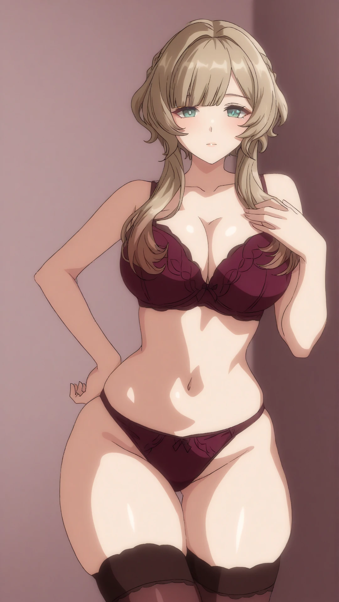 score_9, score_8_up, score_7_up, source_anime BREAK 1girl, solo, shirogane reika, 1girl, solo, female focus, very long hair, blonde hair, wavy hair, forehead, hair vents, yellow eyes, looking at viewer, smile, blush, sidelocks, collarbone, large breasts, bra, cleavage, navel, panties, thighhighs, thigh gap, gluteal folds, standing, arms up, hands in hair, floating hair, hidden hands, <lora:Shirogane_Reika_Saimin_Ryoujoku_Gakuen_for_Pony:1>, rating_questionable