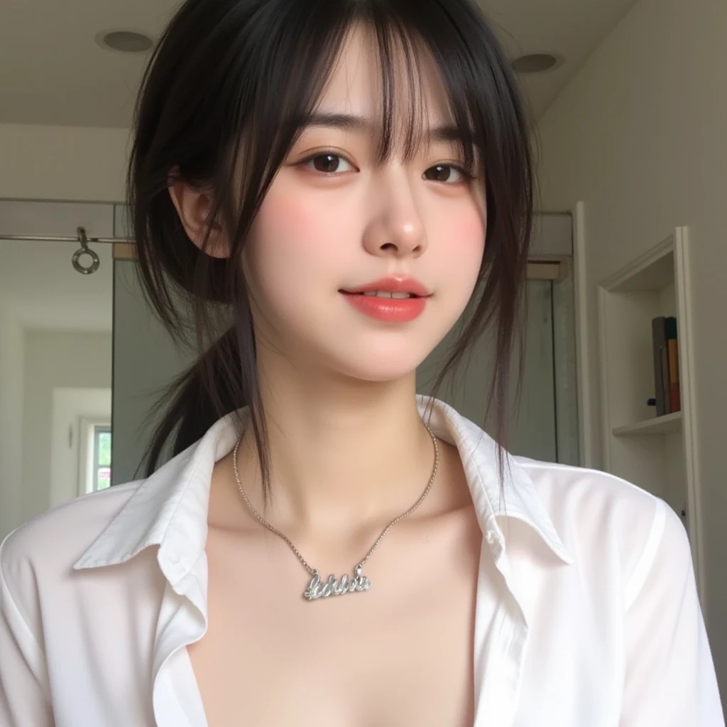 Haruno sakura, ((alone)), alone, E cup ???????,, ((Show your forehead)), smile,Black Hair, (((short hair))), delicate, young, short hair, Detailed face, High resolution, ((whole body)), whole body, she is a beautiful , High quality face, beautiful, Shine,(masterpiece:1.3), High resolution, Very detailed, Very detailedな,Unity 8k wallpaper, Realistic, photo-Realistic, RAW Photos, Beautifully detailed face, Pale skin, Realistic glistening skin, Sitting with their chests together、オフィスの背景を持つyoung女性の半身肖像画。Her face has large, expressive dark eyes.、She has smooth, clear skin and soft pink lips.。she is wearing a white blouse、Create a professional impression。In the background、Part of the office is visible, with documents and computers.。The overall lighting is soft and uniform.、It brings out her natural beauty。The camera angle is slightly pulled back、I made sure her upper body was in the frame.、I'm careful to preserve the details and features of the face.。
