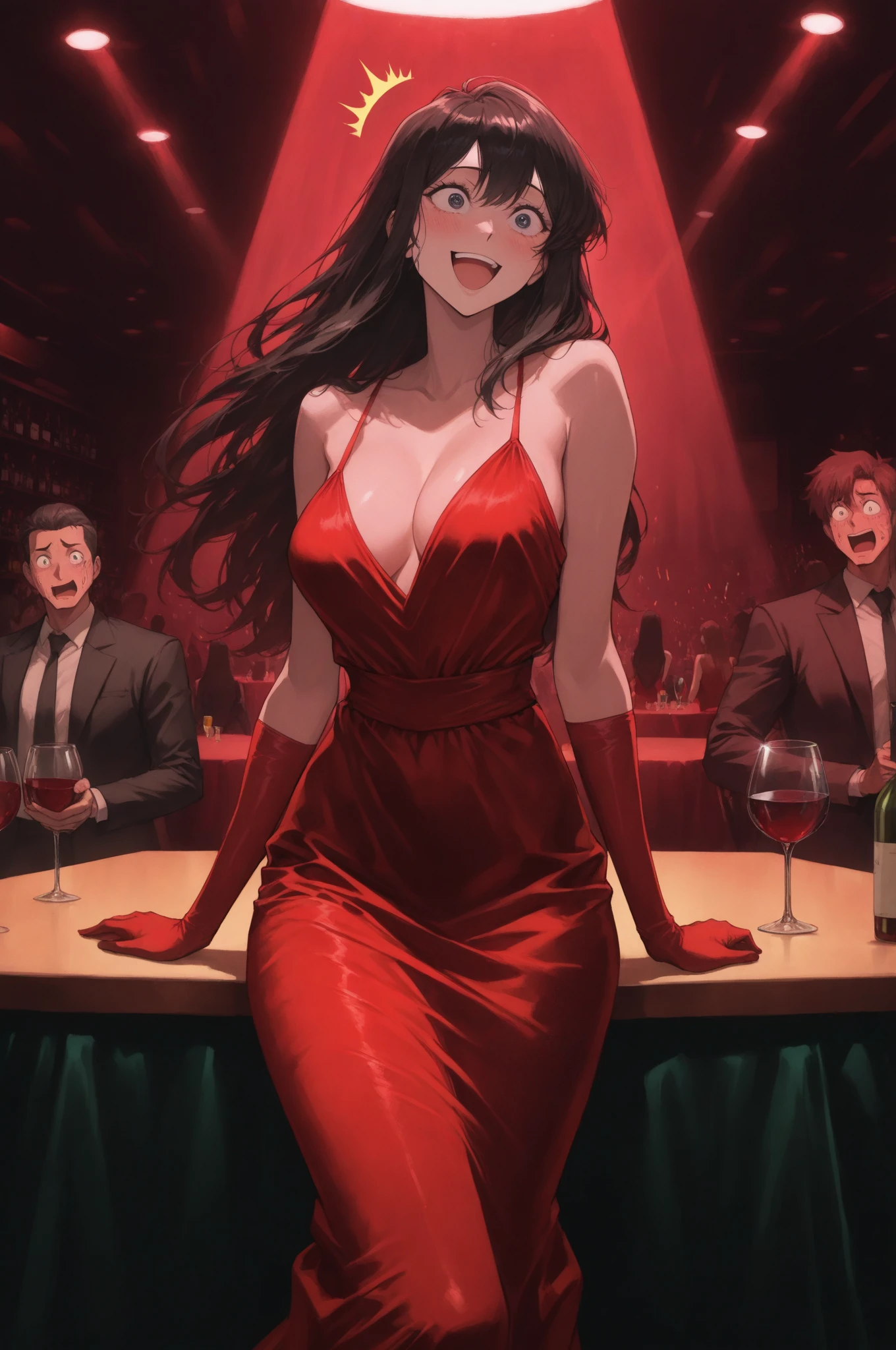 anime style image , 20 year old woman, long straight black hair, red eyes, dressed in a short red dress, at a party having a glass of wine