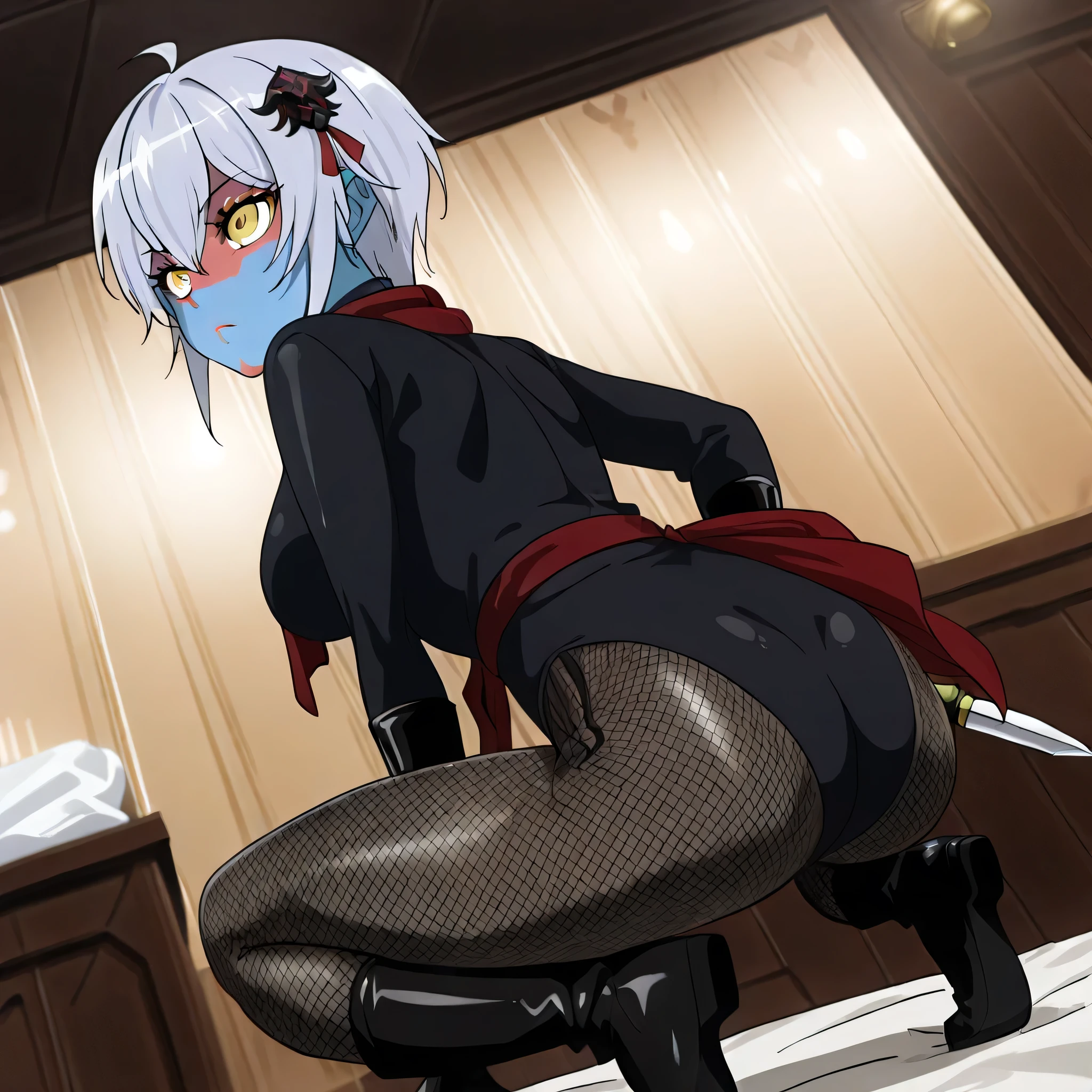 (((Masterpiece))), (((Best Quality))), ((Super Detail)), ultra-High resolution, score_9,score_8_up,score_7_up,score_6_up,score_5_up,score_4_up, BREAK, source_anime, anime screencap, uncensored, Masterpiece, (best shadow), (absurdres), (detailed background), (very aesthetic), detailed beautiful eyes, outstanding, an exquisite animation illustration, curvy, highres, shiny clothing, dark persona, empty eyes, blank eyes, shocker, black leotard, latex elbow gloves, brown fishnet pantyhose, red skin, blue skin, colored skin, red sash, makeup, (((solo, 1girl))), hair ornament, seductive pose, submissive pose, anime style, anime coloring, animification, megami magazine, sexy pose, dynamic angle, cinematic angle, dutch angle, dynamic composition, medium breast, ahoge, hair between eyes, short hair, grey hair, yellow eyes, expressionless, emotionless, holding knife, knife, from side, view form side, looking from side, as ass, crouching, squatting, indoor, looknig away, night, night scene, medieval, fantasy, hotel, messy room, looking side, serious, serious expression