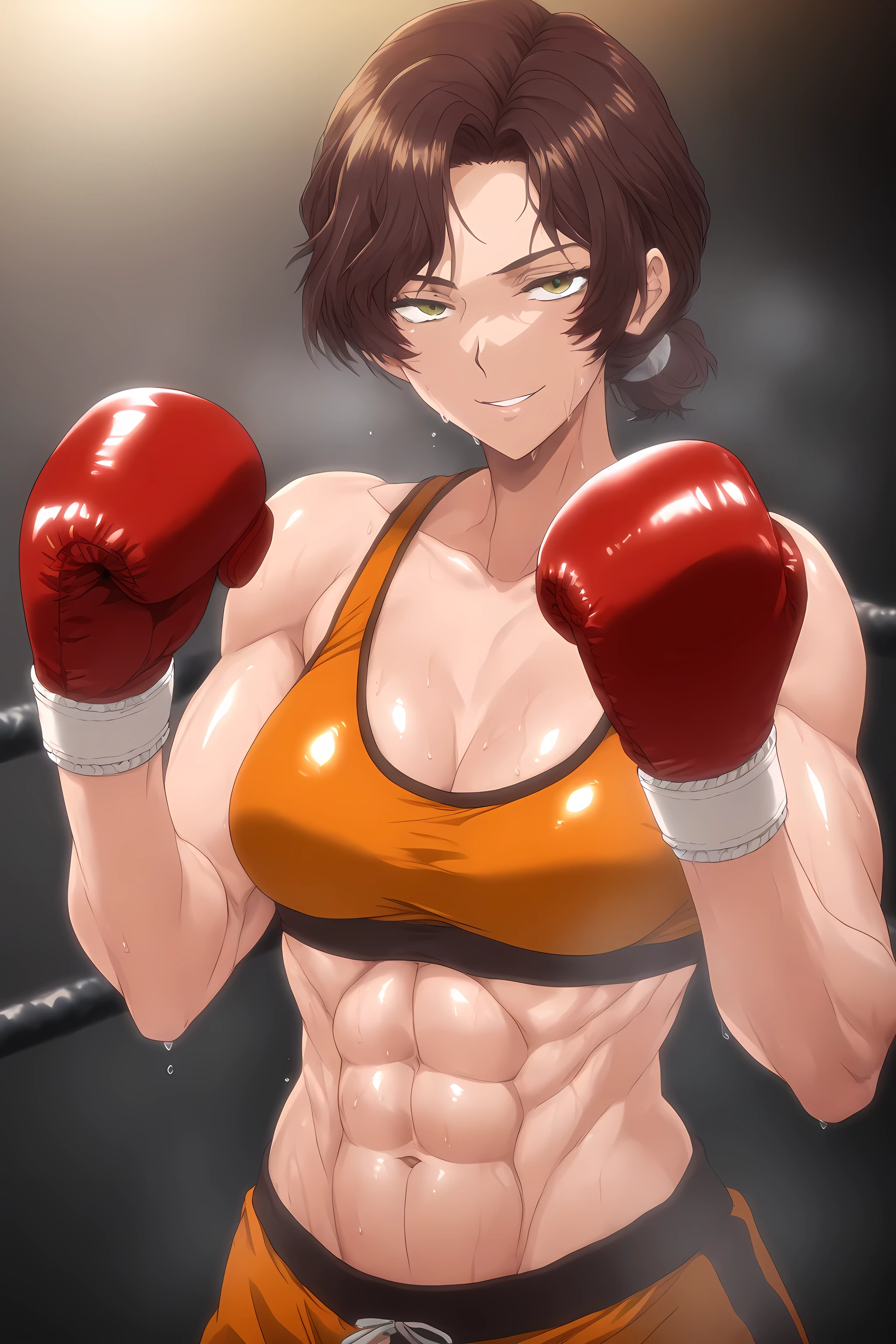 1girl, solo, young mature, AidaLimbus
short hair, brown hair, green eyes, naughty face, medium breast, toned female, abs, shiny body, sports bra, boxing gloves, sweating, looking at viewer,