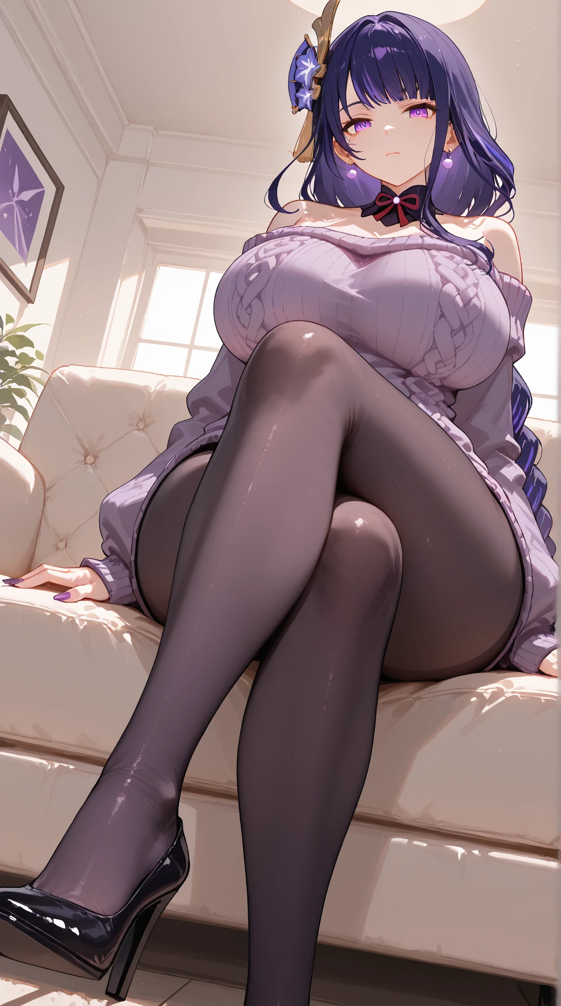 Girl, smile, red lips, big nose, big , big breats, fair skin, smile, long hair, yellow hair colors,  body, ,  pose, beautiful girl, big , maid costume, white underpants colors, pantyhose, white pantyhose colors, hig heels, black hig heels coolors, realistic girl pose, in room,  pose sit on the chair, gaze looking at the camera, yellow hair colors, ultra realistic,