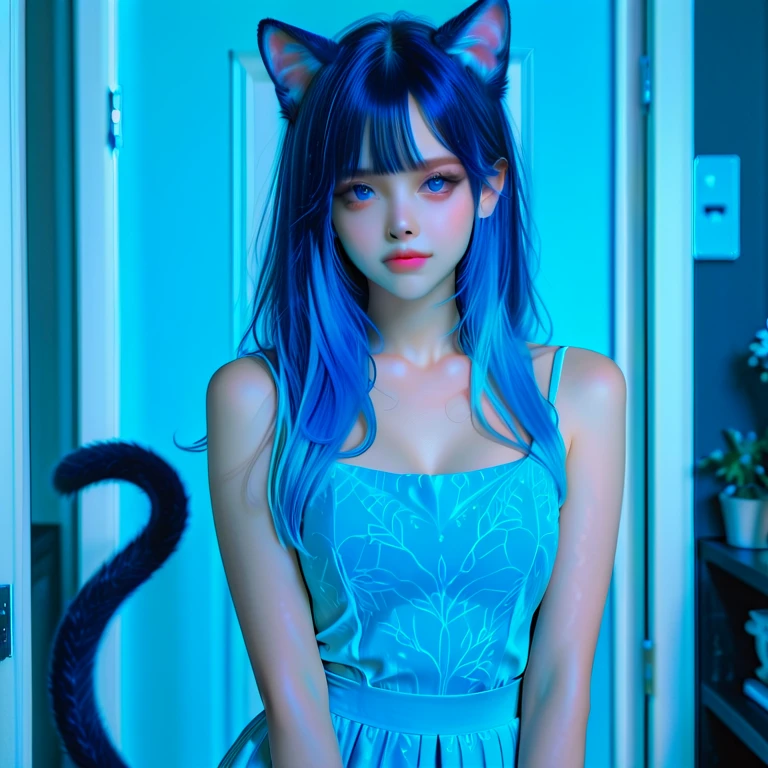 Masterpiece, best quality, ai-generated, cat girl
, Blue hair,cowboy shot,