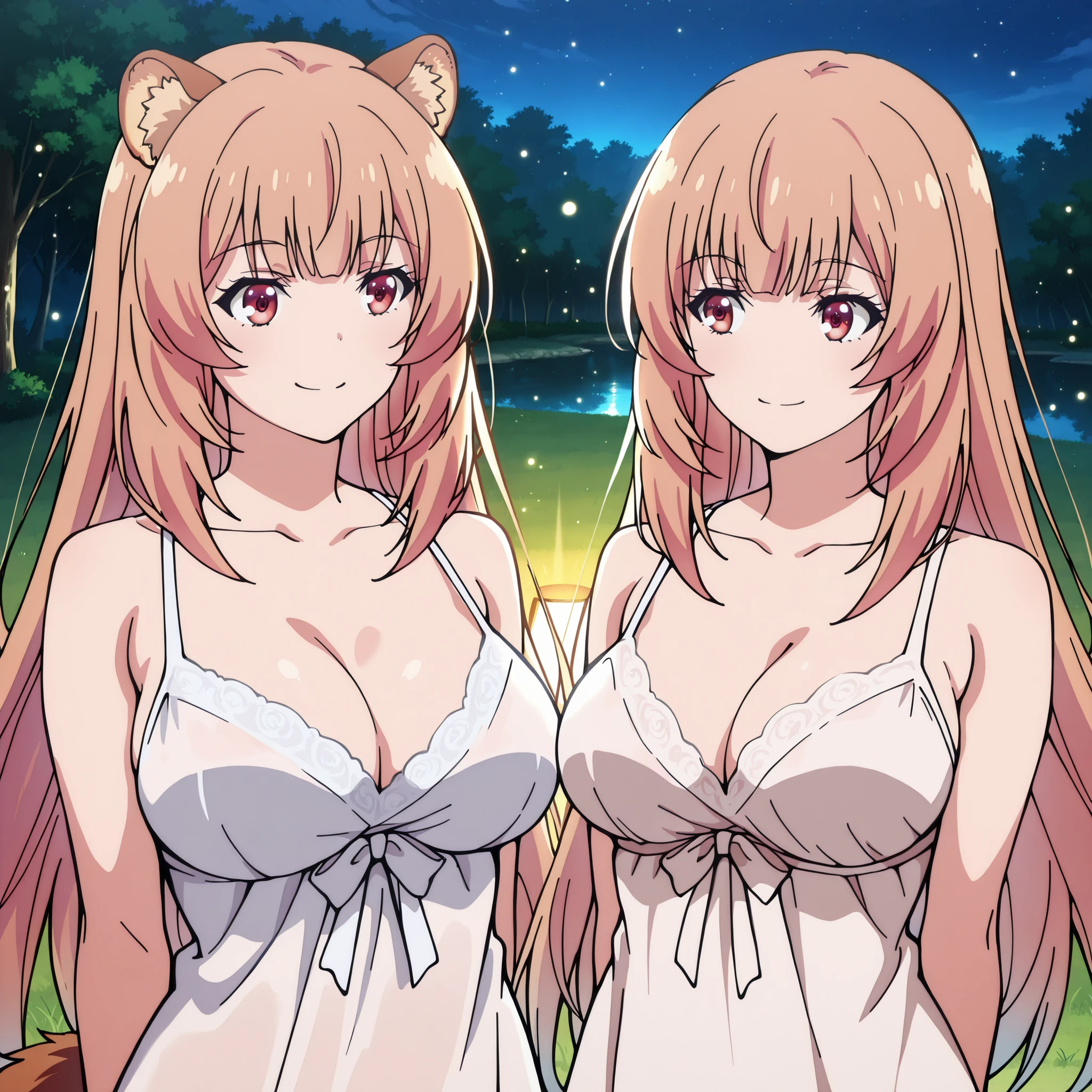 Two women pose together to a lake illuminated by the moon. Honami Ichinose (Classroom of the Elite) appears with her smooth and loose pink hair, Red Eyes brillantes y una figura slender con pechos medianos a grandes, smiling with a safe and seductive expression. Next to her is Raphtalia (the rising of the shield hero), with her soft orange hair, Red Eyes, fluffy ears and fluffy tail; slender, with a similar bust, showing a complicit smile.
Both wear sexy low-cut white nightgowns
Your moist skin reflects bluish flashes under the moonlight; the environment is filled with humid air, a soft haze and luminous particles floating around. The scene transmits a playful and subtle tension provocative, with mischievous looks and complicity between the two.
ultra detailed anime style, dramatic lighting, impeccable finish, 4K resolution, masterpiece quality. moist and realistic skin.