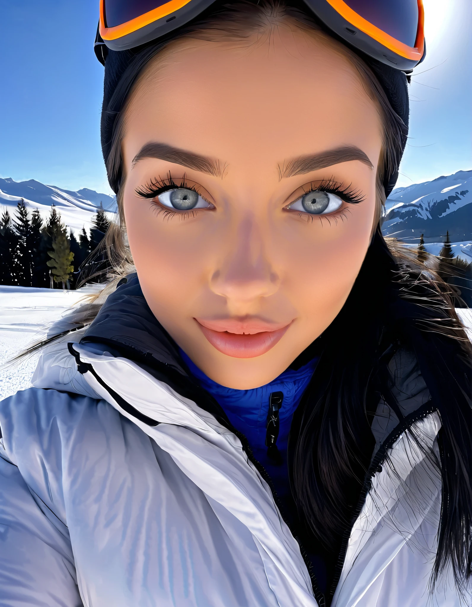 (RAW photo), Absurd Resolution), (beautiful girl, 23 years old), (sharp pupil, gray eye), (black hair), (made-up), (woman in winter attire), (standing, looking at the viewer), (skiing), (background: mountain, snow, pine trees), volumetric lighting, (close-up, photographic perspective). «SunPuma S»