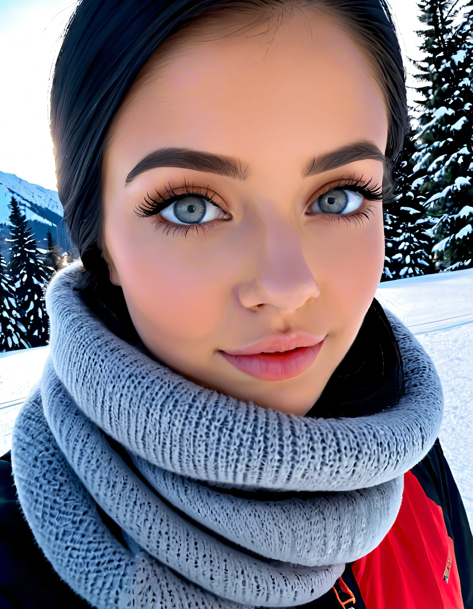 (RAW photo), Absurd Resolution), (beautiful girl, 23 years old), (sharp pupil, gray eye), (black hair), (made-up), (woman in winter attire), (standing, looking at the viewer), (skiing), (background: mountain, snow, pine trees), volumetric lighting, (close-up, photographic perspective). «SunPuma S»