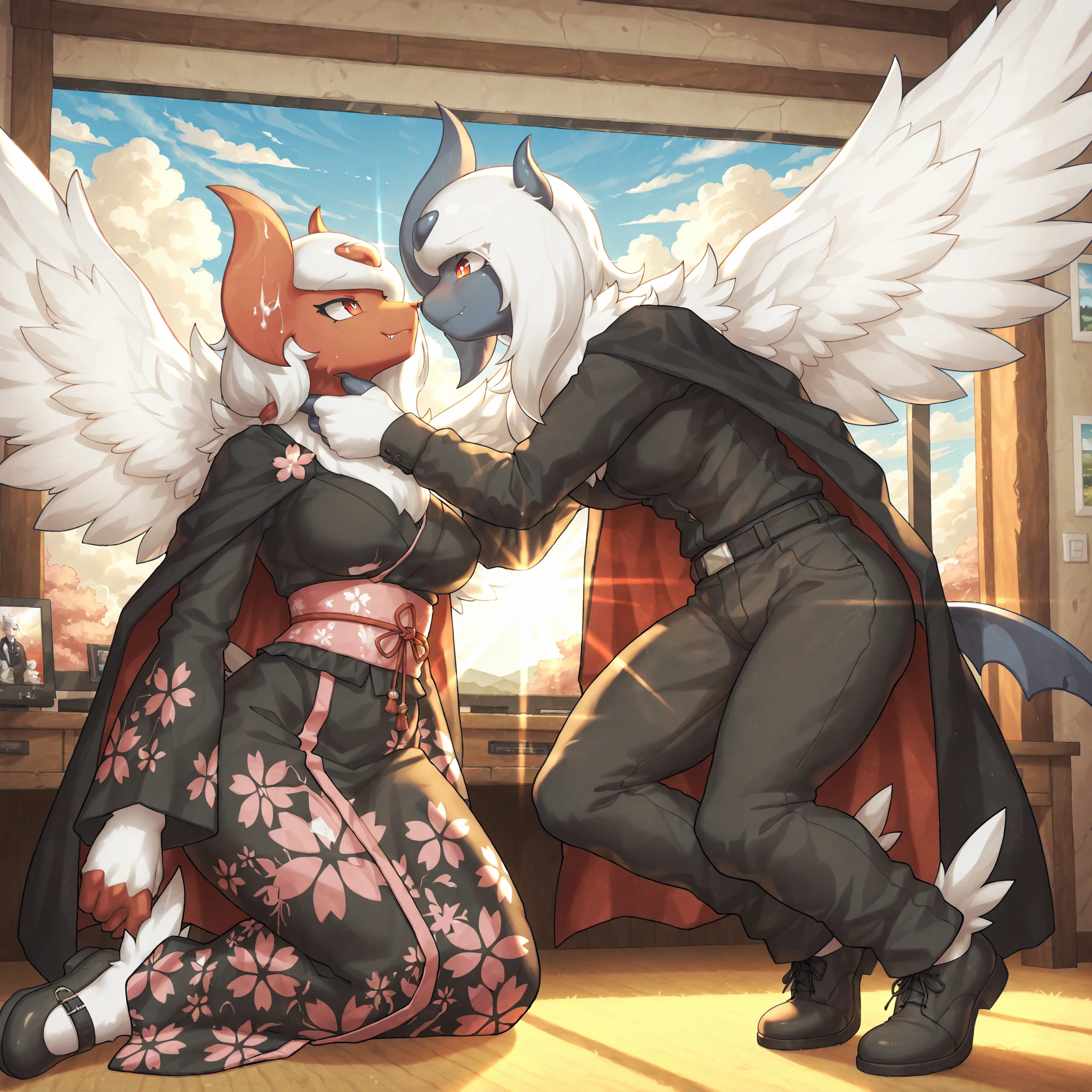 One Fox Girl, One Fox Boy, Very Sexy Body, White Skin, Black Skin, Blue Right Eye, Red Left eye, Heart, White Hair, Female Long Hair, Male Short Hair, Fluffy, Very Fluffy Body, Big Fox Ears, Two Big Fox Tail, White Angle Wings, velu female, Skinny, cute, Female Very Huge Breast, Breast Tits, Abs, Adult, Tall, velu,  Pose, Cute, Tongue Out, , Very Blushing, Female On Male, Male  Female , Female Cute , Charming, Love Eyes, Male Big Chest Furr, velu man, Male Very Massive , Male Very Big Testicule, On Bed, Cute, , Blushing, Side Camera 