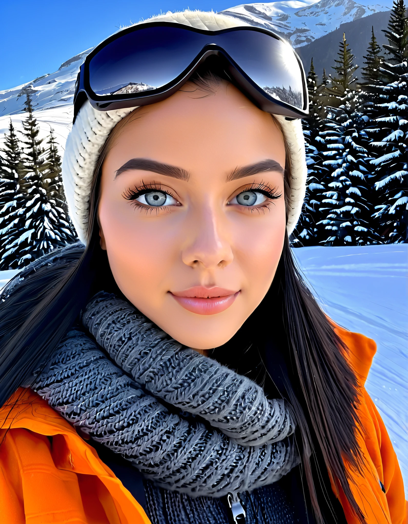 (RAW photo), Absurd Resolution), (beautiful girl, 23 years old), (sharp pupil, gray eye), (black hair), (made-up), (woman in winter attire), (standing, looking at the viewer), (skiing), (background: mountain, snow, pine trees), volumetric lighting, (close-up, photographic perspective). «SunPuma S»