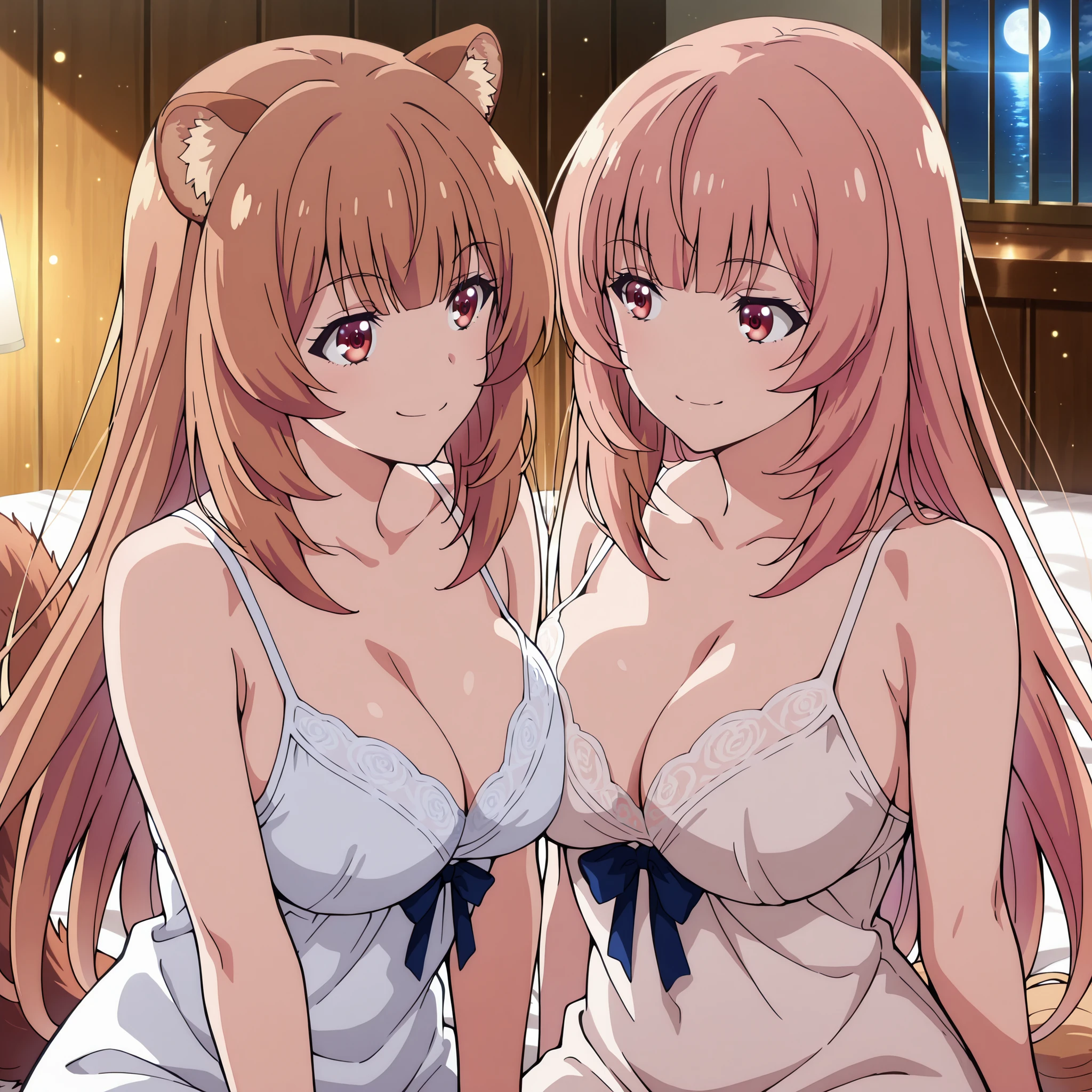 Two women pose together to a lake illuminated by the moon. Honami Ichinose (Classroom of the Elite) appears with her smooth and loose pink hair, Red Eyes brillantes y una figura slender con pechos medianos a grandes, smiling with a safe and seductive expression. Next to her is Raphtalia (the rising of the shield hero), with her soft orange hair, Red Eyes, fluffy ears and fluffy tail; slender, with a similar bust, showing a complicit smile.
Both wear sexy low-cut white nightgowns
Your moist skin reflects bluish flashes under the moonlight; the environment is filled with humid air, a soft haze and luminous particles floating around. The scene transmits a playful and subtle tension provocative, with mischievous looks and complicity between the two.
ultra detailed anime style, dramatic lighting, impeccable finish, 4K resolution, masterpiece quality. moist and realistic skin.