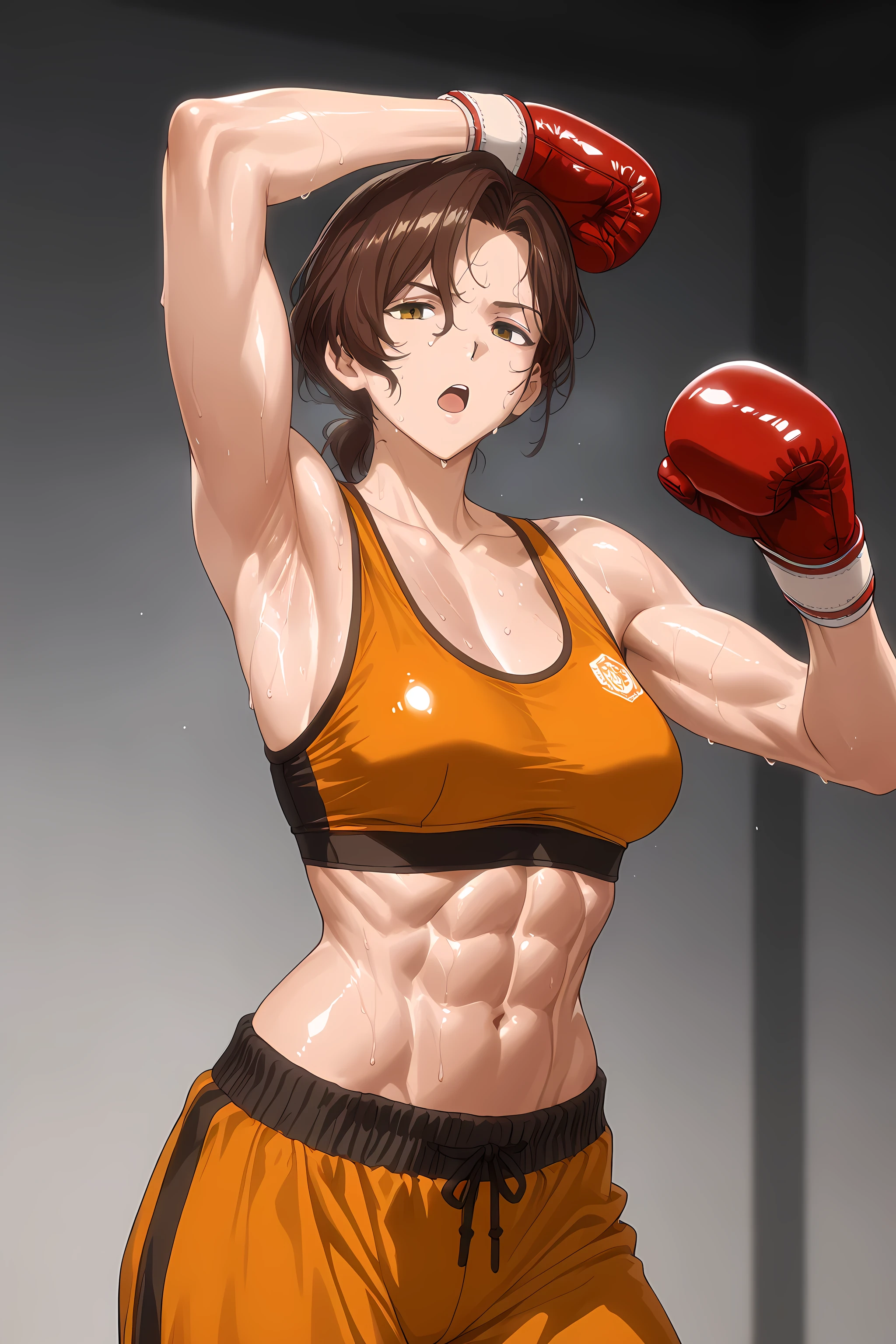 1girl, solo, young mature, AidaLimbus
short hair, brown hair, green eyes, naught face, medium breast, toned female, abs, shiny body, sports bra, boxing gloves, sweating, showing armpits,sexy pose, looking at viewer, open mouth