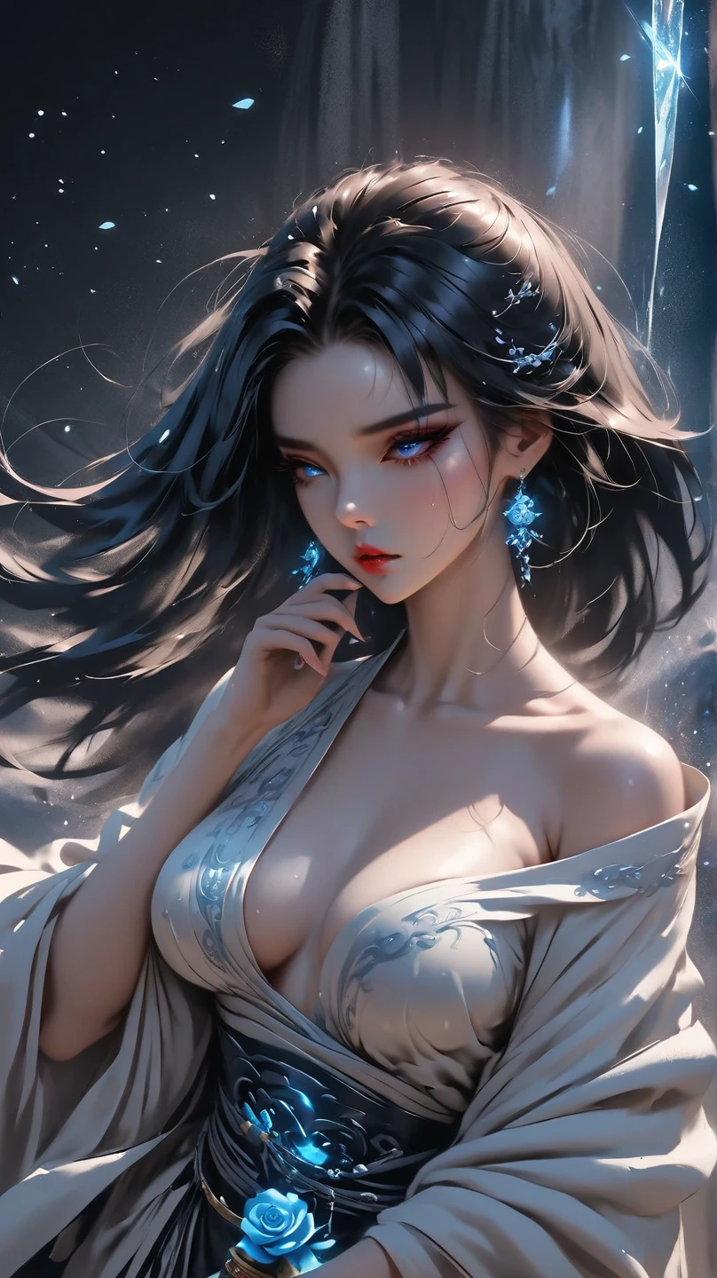 a mature woman with short gray white hair, ??????????, ???????????, perky thighs, smooth body, Japan style, pose, colorful, hdr, ray tracing, nvidia rtx, super-resolution, unreal 5, subsurface scattering, pbr texturing, post-processing, anisotropic filtering, depth of field, maximum clarity and sharpness, rule of thirds, 16k raw, (luminescent particles:1.4), extremely detailed cg, unity 8k wallpaper, 3d, cinematic lighting, lens flare, reflections, sharp focus, cyberpunk art, realistic, highly detailed CG illustration, an extremely delicate and beautiful, cinematic light, (photorealistic:1.5), (Dark background:1.5), dynamic angle, masterpiece, best quality, ultra-detailed, illustration, detailed light, dramatic_shadow, face shadow, extra detailed, best performance