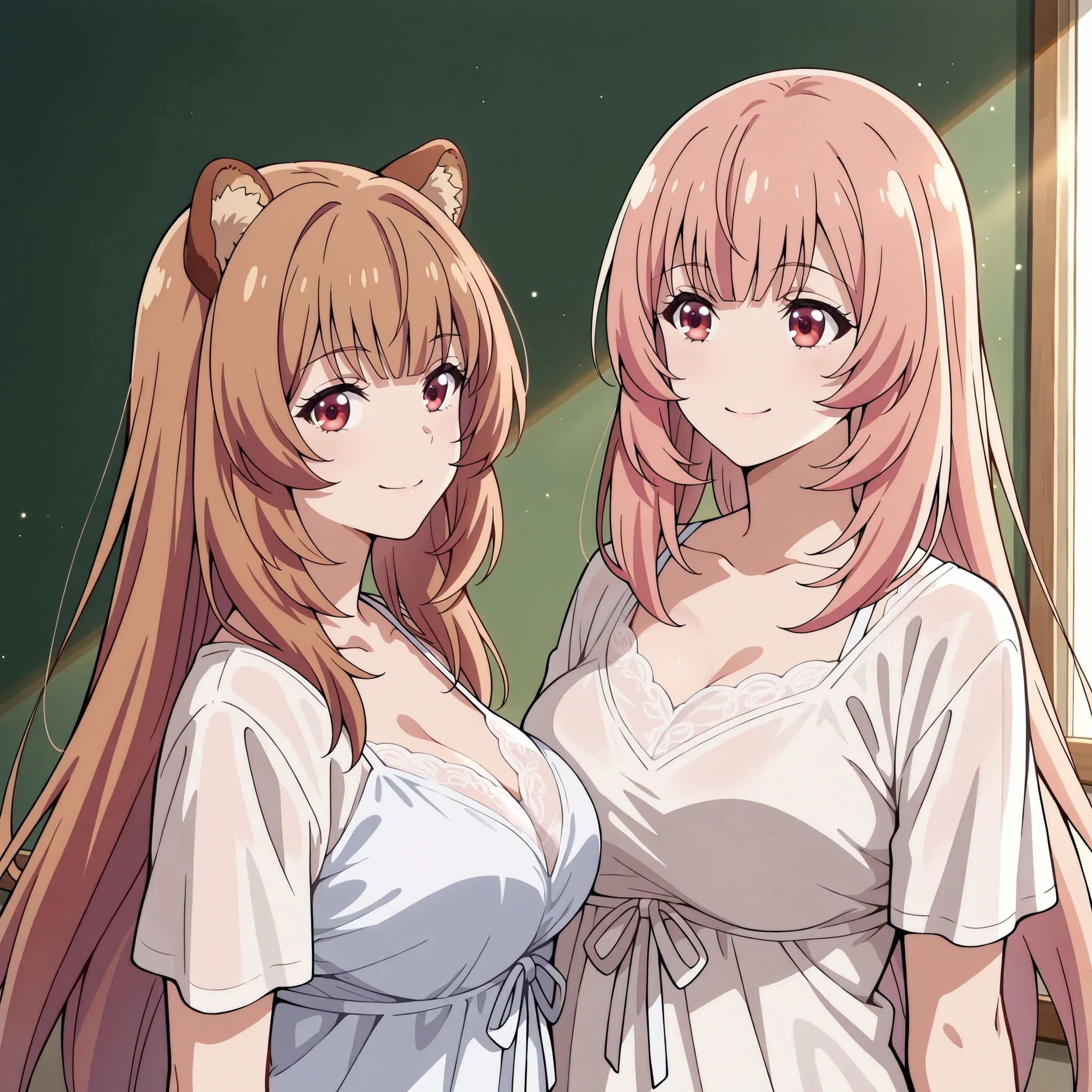 Two women pose together to a lake illuminated by the moon. Honami Ichinose (Classroom of the Elite) appears with her smooth and loose pink hair, Red Eyes brillantes y una figura slender con pechos medianos a grandes, smiling with a safe and seductive expression. Next to her is Raphtalia (the rising of the shield hero), 
Both wear sexy low-cut white nightgowns
Your moist skin reflects bluish flashes under the moonlight; the environment is filled with humid air, a soft haze and luminous particles floating around. The scene transmits a playful and subtle tension provocative, with mischievous looks and complicity between the two.
ultra detailed anime style, dramatic lighting, impeccable finish, 4K resolution, masterpiece quality. moist and realistic skin.