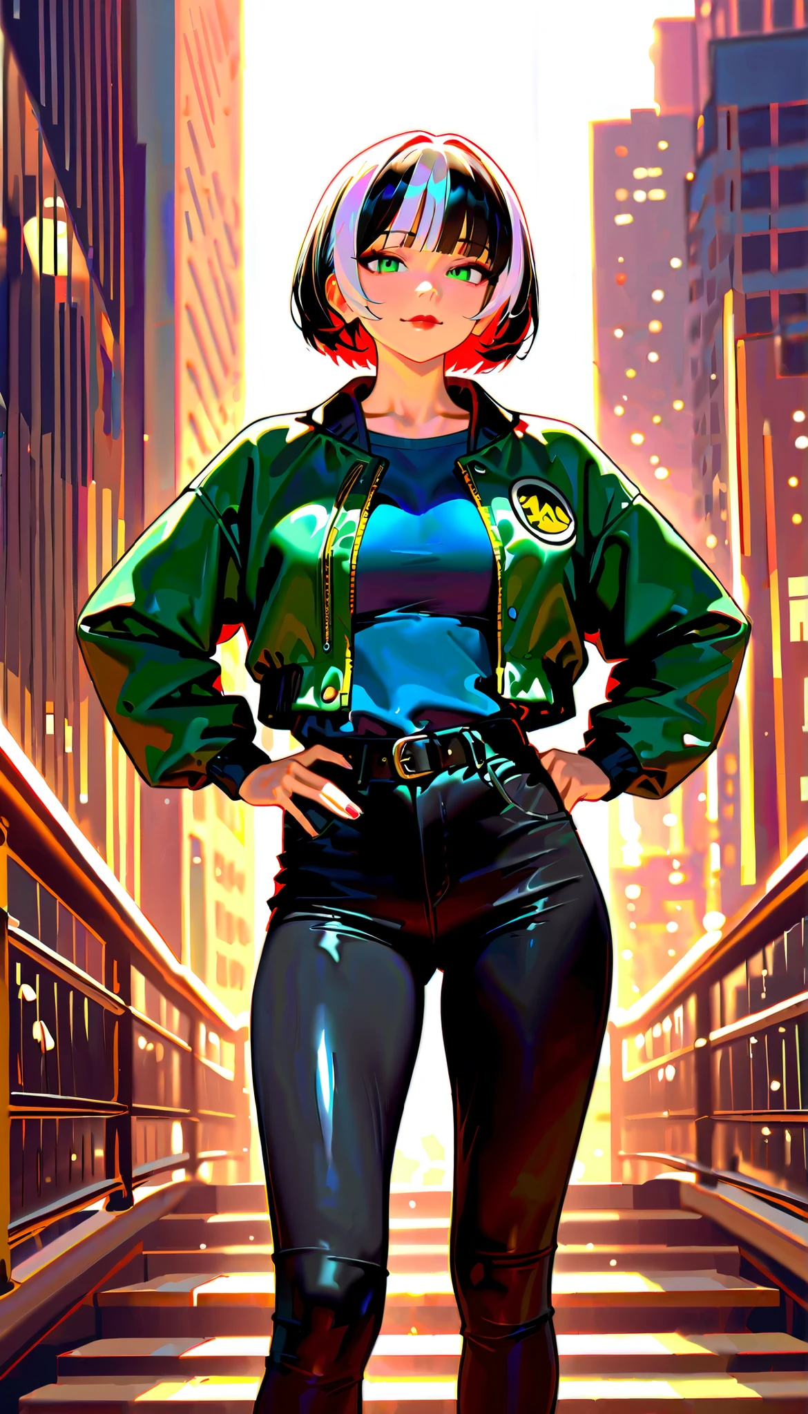 (RAW Photo), Absurdities, (Absurd Resolution)), (Hyperrealism, Photorealism), (Maximum Quality, 16k, Masterpiece, Ultra Detailed) (beautiful girl, 21 years old), (sharp pupil, green eye), (bob haircut, white hair, dark highlights), (made-up, red lips), (woman wearing striped, tight pants, short-sleeved blue t-shirt, black belt, open puffer jacket), (standing, beautiful perfect legs, hands on ), (background: pedestrian bridge, city), sun rays, volumetric lighting, (Photographic Perspective). «SunPuma S»