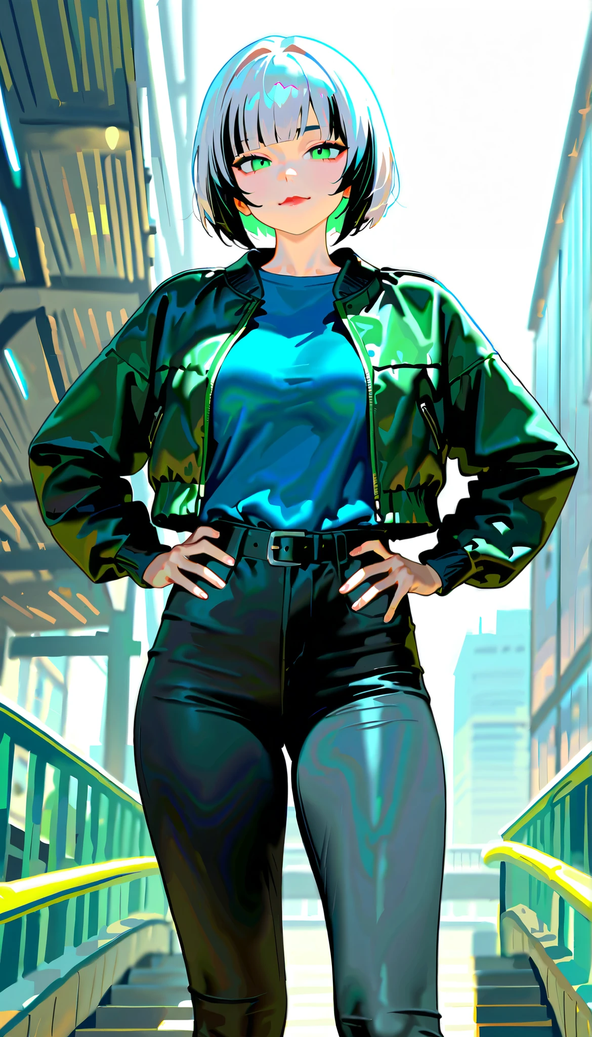 (RAW Photo), Absurdities, (Absurd Resolution)), (Hyperrealism, Photorealism), (Maximum Quality, 16k, Masterpiece, Ultra Detailed) (beautiful girl, 21 years old), (sharp pupil, green eye), (bob haircut, white hair, dark highlights), (made-up, red lips), (woman wearing striped, tight pants, short-sleeved blue t-shirt, black belt, open puffer jacket), (standing, beautiful perfect legs, hands on ), (background: pedestrian bridge, city), sun rays, volumetric lighting, (Photographic Perspective). «SunPuma S»