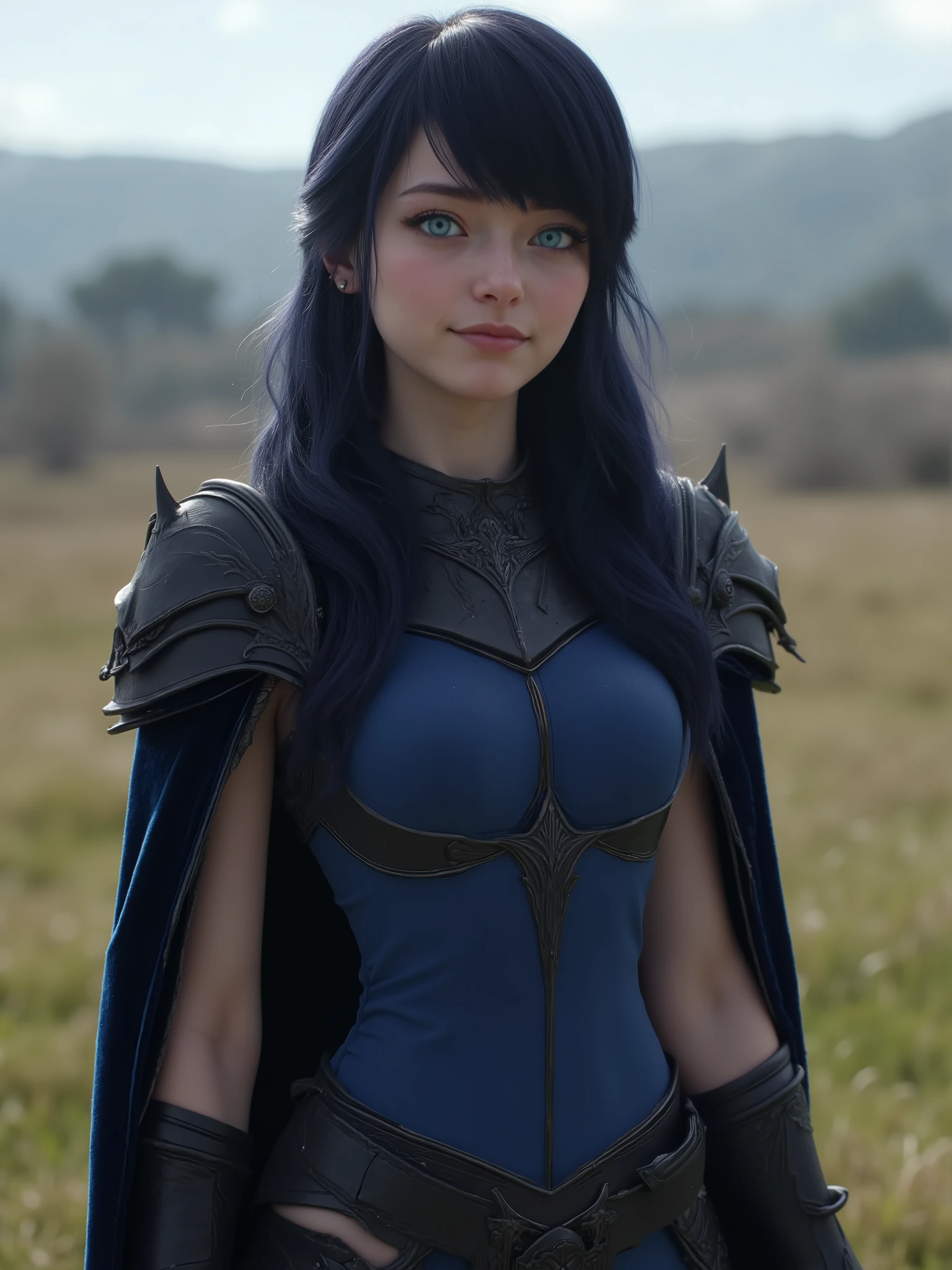 marinette Dopanchan, hkstyle, A very beautiful and cute 22 year old woman with a slight smile, (blue eyes:1.5), (western eyes), (thin lips, pink lips), (long hair, shiny hair), (sharp focus on the face), (((dark blue medieval steampunk style velvet cape))), (((sapphire blue medieval steampunk style sleeveless t-shirt))), (((black medieval steampunk style leather warrior pants))), (((full body view, standing on the grass))), a treeless valley in the background, blurred background, cinematic lighting, soft depth of field, (Masterpiece:1.5), (high resolution:1.5), (16k quality:1.5), best quality, top quality, high quality, UHD, sharp focus, no blur, film grain, bokeh.