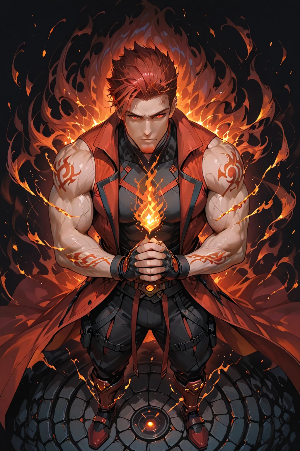 Guy with long, red hair and a beard using blast magic, manga page with panels and dialogue 