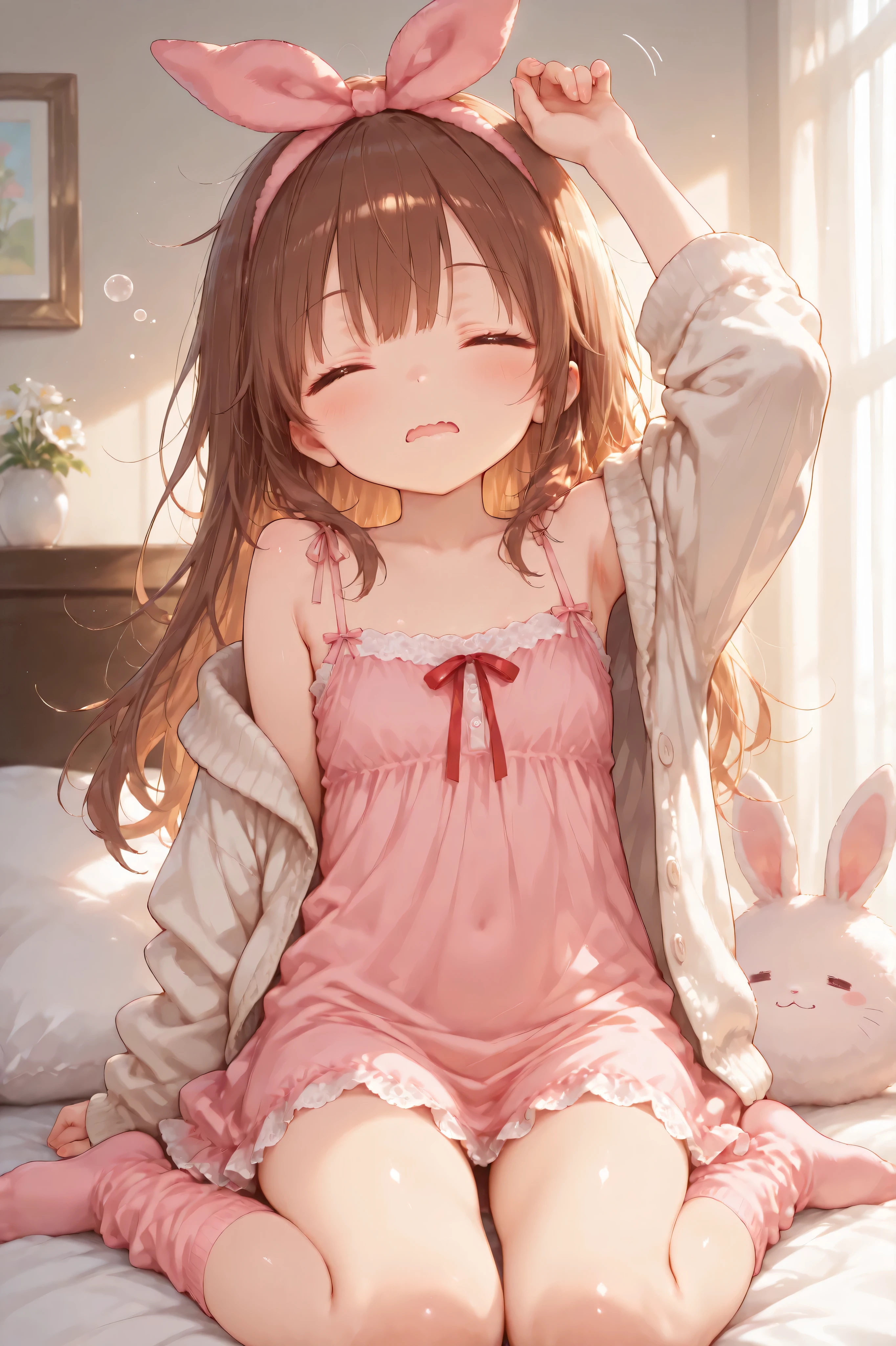 Shiny skin, Babe, character, meroko.
masterpiece, best quality, ultra detailed, high resolution, 8k, anime style, dynamic lighting, morning warm light, a cute anime girl.
# body.
very flat chest, skinny figure, slim waist, long legs, beautiful legs, youthful proportions.
# hair.
chestnut brown hair, wavy long hair reaching shoulder blades, messy hair, bed hair slight mess.
# eyes.
eyes gently closed, morning sleepy atmosphere.
# expression.
big open-mouth yawn, (open wavy mouth:1.3), soft sleepy aura, relaxed facial muscles.
# outfit.
soft pastel-pink camisole one-piece pajama dress, (slip strap:1.3), light thin fabric, lace trim at neckline, simple cute silhouette, above-knee length. BREAK
fluffy soft long-sleeve room white wool cardigan worn over the camisole dress, oversized sleeves, pastel cream color, cozy fluffy texture, slightly slipping off the shoulders.
# accessories.
pink bunny ear headband.
right side adorned with a single white flower and a red ribbon.
# socks.
pastel-pink fluffy knitted thigh-high socks, soft loose texture.
# pose.
wariza sitting pose on bed.
one arm straight up stretching upward, other hand resting loosely.
gentle body stretch, morning stretch posture.
# background.
on a bed, soft white bedsheets, warm morning light entering room.
# effects.
sleepy bubble anime effect near mouth, soft breath cloud small, gentle morning atmosphere.
# outline.
fine line art, delicate line drawing, thin outlines, clean outlines, minimal noise.