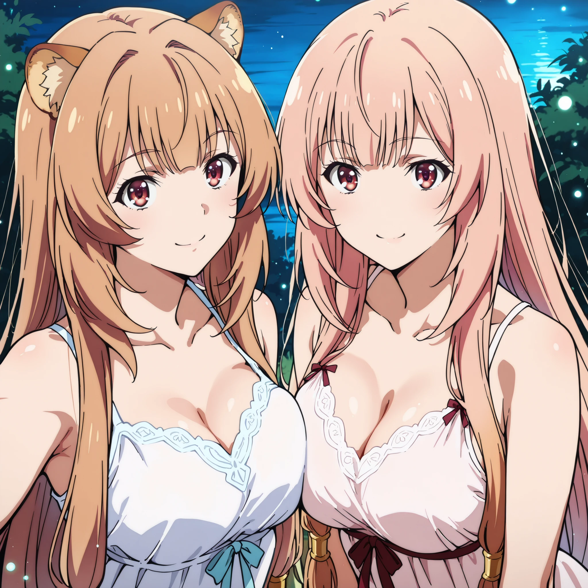 Two women pose together to a lake illuminated by the moon. Honami Ichinose (Classroom of the Elite) appears with her smooth and loose pink hair, Red Eyes brillantes y una figura slender con pechos medianos a grandes, smiling with a safe and seductive expression. Next to her is Raphtalia (the rising of the shield hero), 
Both wear sexy low-cut white nightgowns
Your moist skin reflects bluish flashes under the moonlight; the environment is filled with humid air, a soft haze and luminous particles floating around. The scene transmits a playful and subtle tension provocative, with mischievous looks and complicity between the two.
ultra detailed anime style, dramatic lighting, impeccable finish, 4K resolution, masterpiece quality. moist and realistic skin.