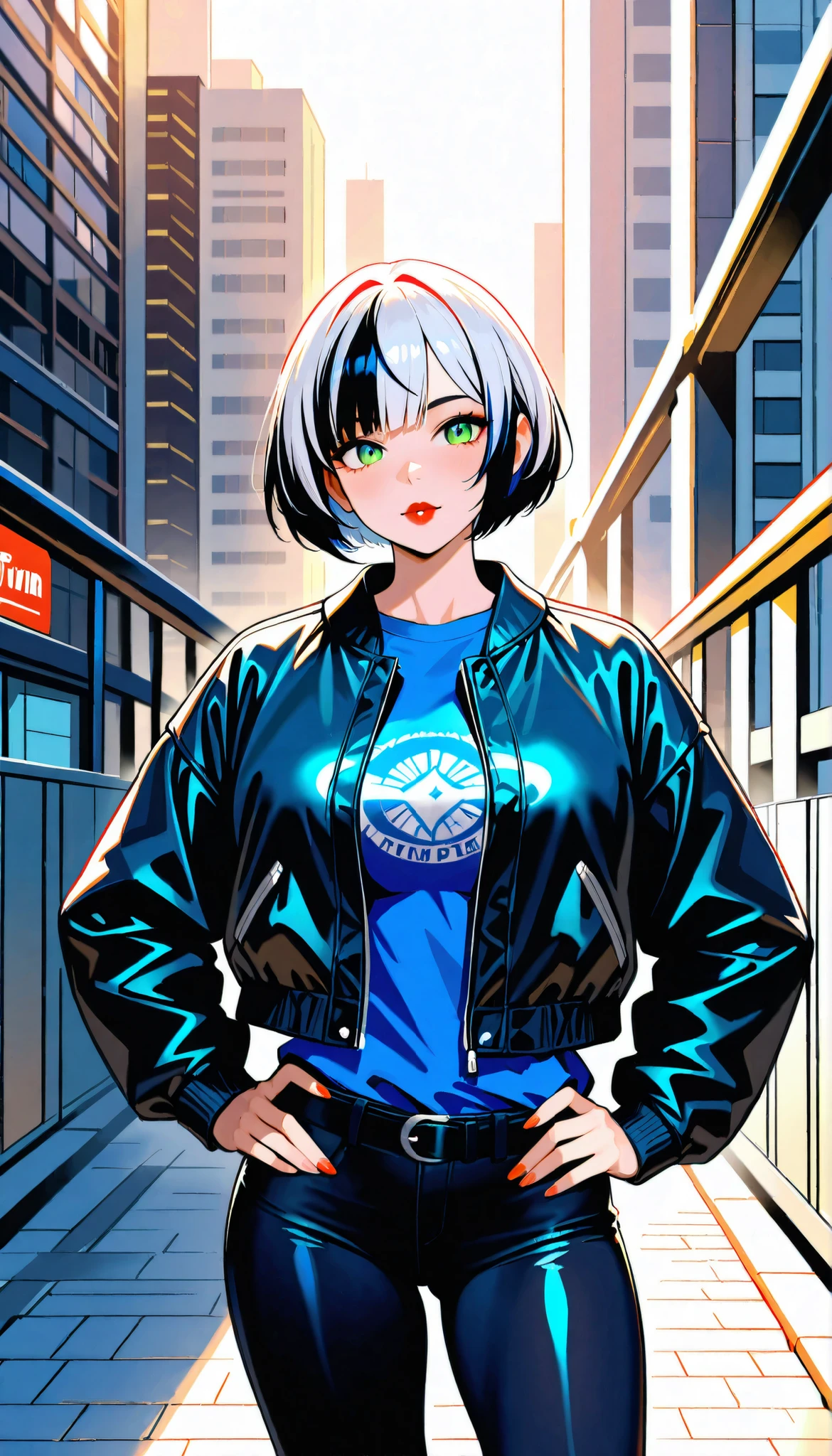 (RAW Photo), Absurdities, (Absurd Resolution)), (Hyperrealism, Photorealism), (Maximum Quality, 16k, Masterpiece, Ultra Detailed) (beautiful girl, 21 years old), (sharp pupil, green eye), (bob haircut, white hair, dark highlights), (made-up, red lips), (woman wearing striped, tight pants, short-sleeved blue t-shirt, black belt, open puffer jacket), (standing, beautiful perfect legs, hands on ), (background: pedestrian bridge, city), sun rays, volumetric lighting, (Photographic Perspective). «SunPuma S»