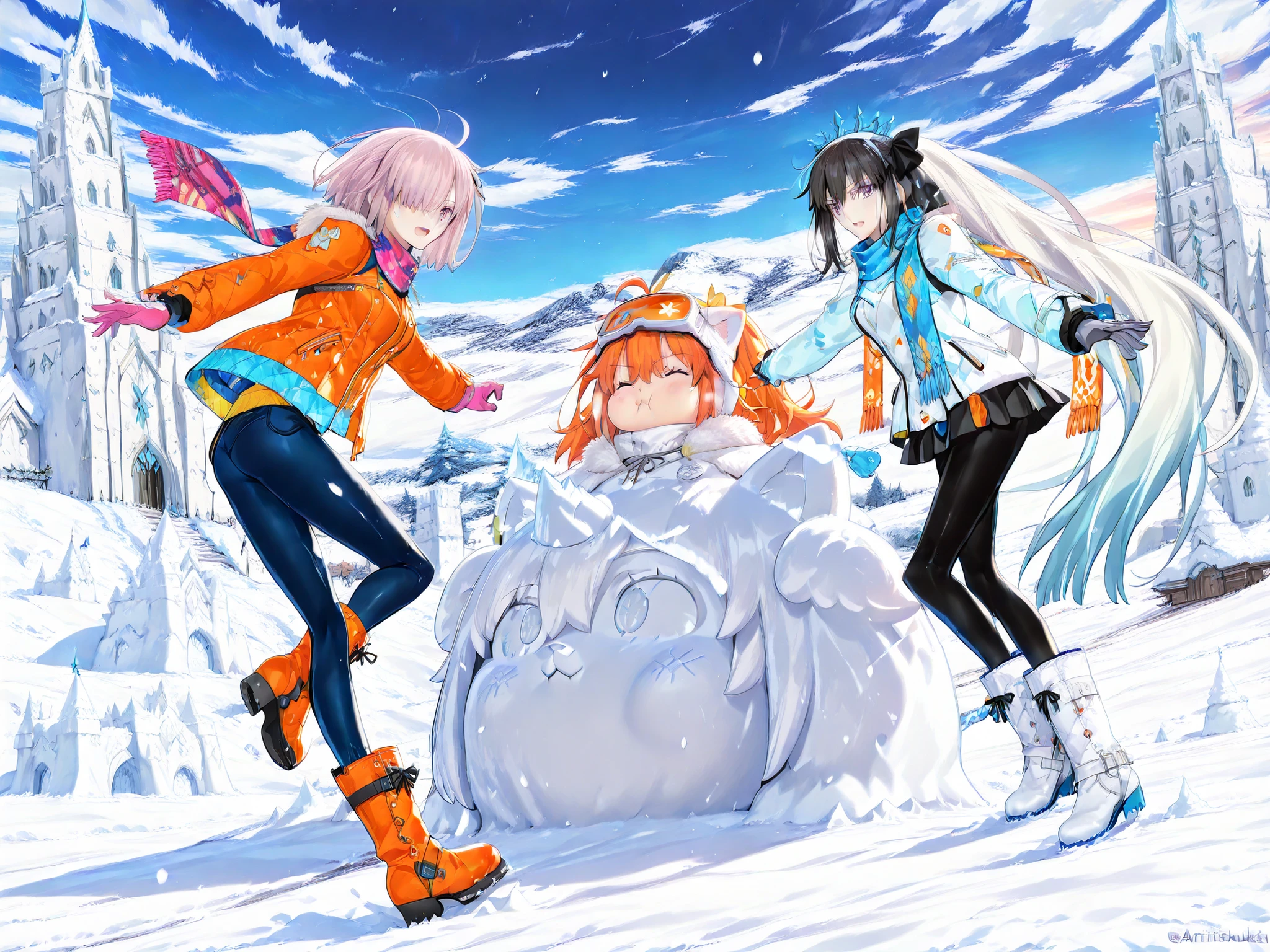 (masterpiece:1.1), (Highest Quality), (Super Detailed), (Fate/Grand Order style:1.2), (Thickly painted anime style),
(anime style:1.25), takeuchi takashi, (2girls:1.3), ((Fate Grand Order:1.2)),
unny snowy mountain plateau, fresh powder snow flying,
giant snow sculpture contest in full chaos turning into massive snowball fight,
(personA: Fujimaru Ritsuka (female), aaritsuka, orange hair:1.3),
(personB: Ishtar, black hair:1.3),
(personC: Mash Kyrielight, pink hair:1.35),
(personD: Morgan le Fay (Fate), white hair:1.35),
((all in colorful winter jackets, scarves, gloves, snow boots, cheeks red)),
((one giant snow sculptures in background)
(detailed miniature fairy snow castle with glowing ice windows)