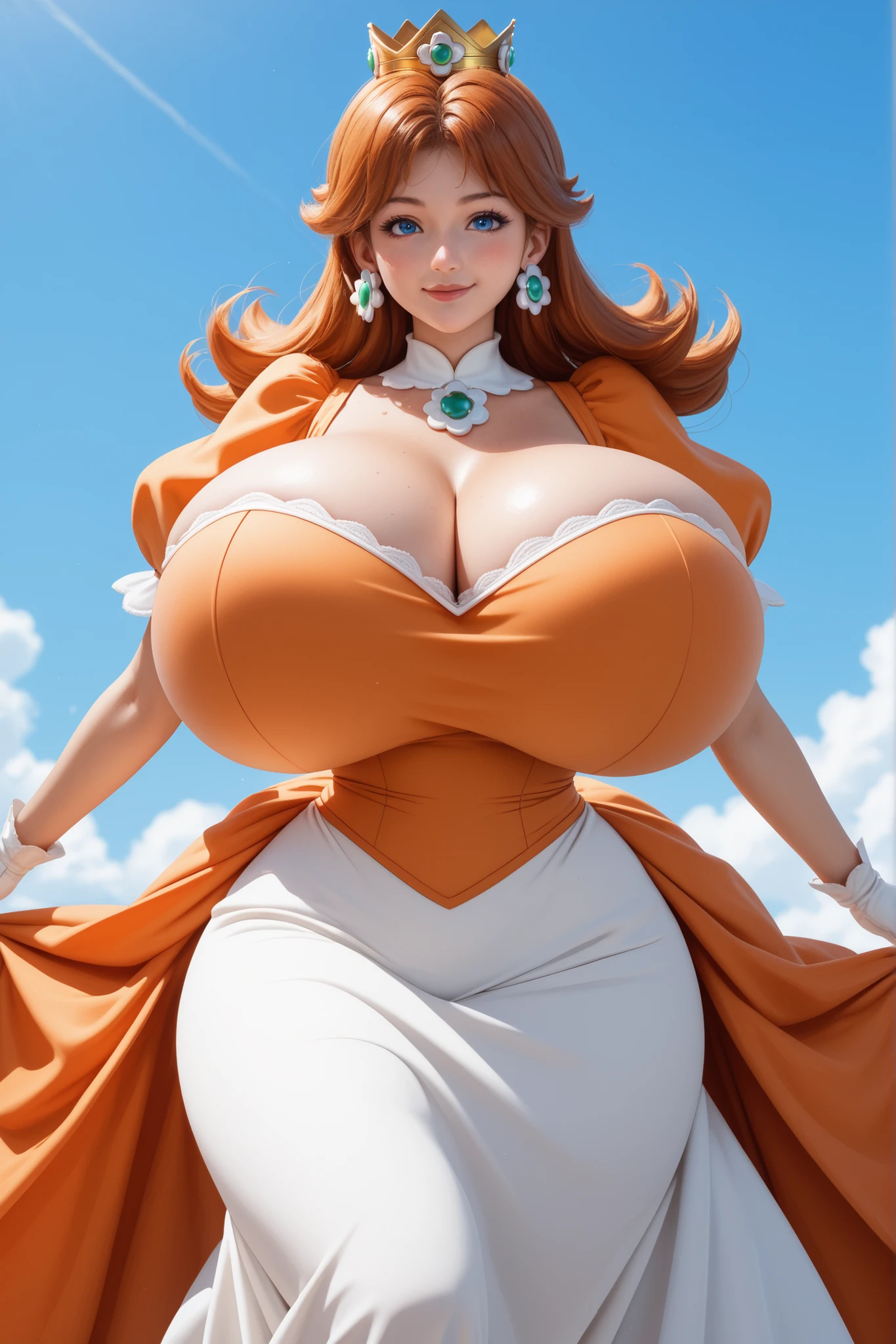 crown, daisy, dress, flower, gem, gloves, puffy short sleeves, puffy sleeves, short sleeves, white gloves,,princess daisy, blue eyes, long hair, orange hair, mature female, medium breasts,,1girl,breasts,long hair,blush,large breasts,simple background,,huge breasts,bouncing breasts,,large breasts,motion blur, (Gigantic breasts:1.3), (Super Wide hips:1.3), smile, voluminous dress