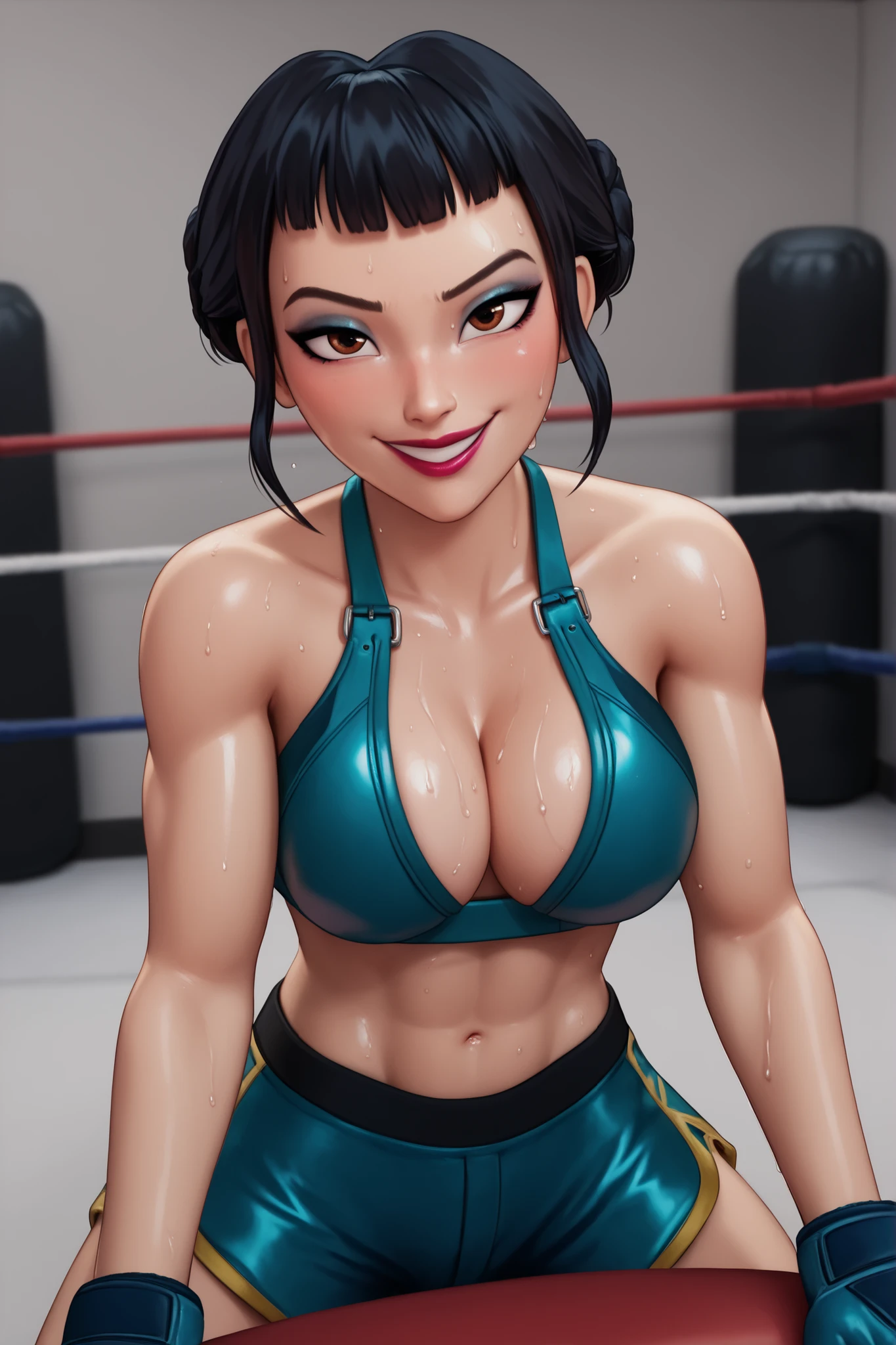 BREAK, score_6_up, score_7_up, score_8_up, score_9, 1girl, solo, kpdh_z0ey, black hair, short hair, hair bun, brown eyes, blunt bangs, lipstick, makeup, official KPop Demon Hunters aesthetic, large breasts, busty, cleavage, curvy, athletic, looking at viewer, seducing viewer, teasing viewer, seductive expression, smiling, closed mouth, bedroom eyes, blue bikini top, dark blue boxing shorts with yellow trim, blue boxing gloves, midriff, indoors, boxing ring, sitting on stool, closeup, portrait, upper body, high-angle view, blue eyeshadow, black mascara, sweaty, sweat drops, wet skin, shiny skin, blushing