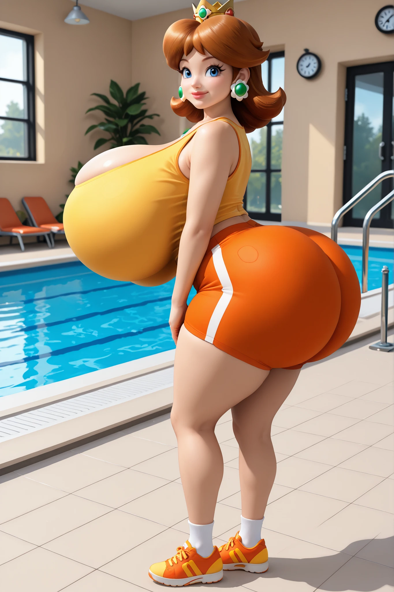 sports outfit, tank top, shorts, sneakers,princess daisy, blue eyes, brown hair, crown, earrings,huge ass,she has gigantic breasts, huge breasts, full body, from side, pool background, smile