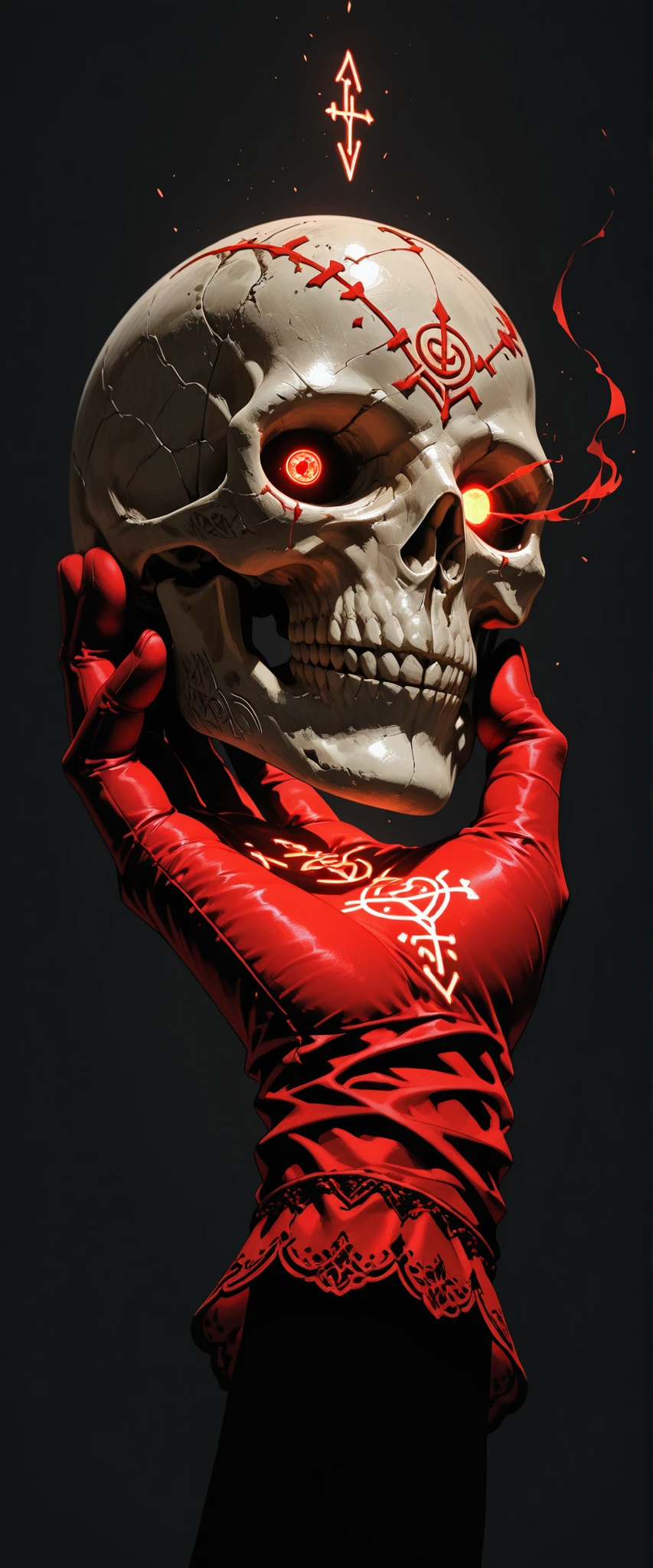 hand, gloved hand, velvet glove, 1hand:1.4, holding skull, etched runes on skull, runes, ((no person:1.5)), faint glow, glowing eye socket