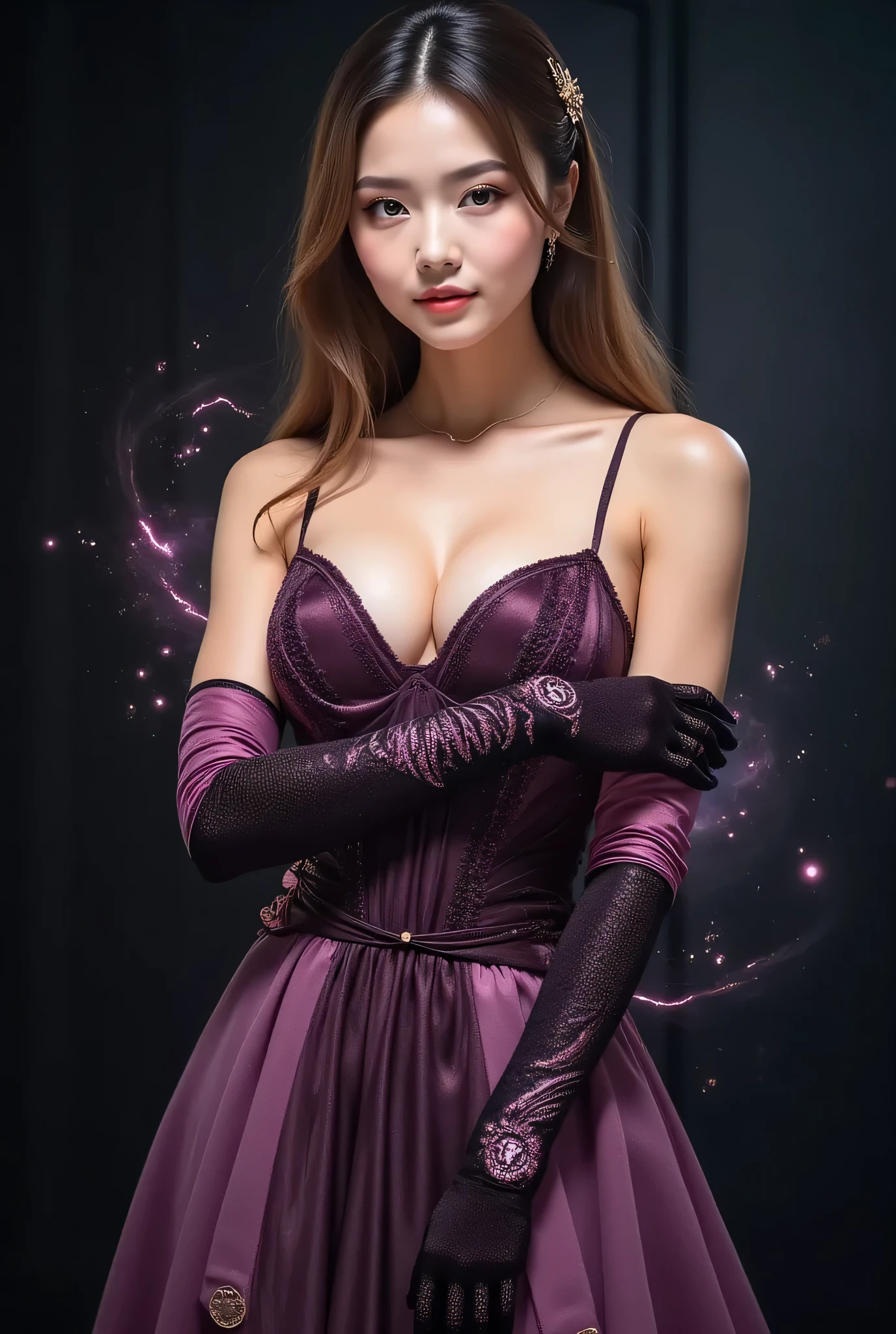 Theme: “Velvet Authority — Enchanted Edition”
A stunning lady wearing luxurious enchanted velvet gloves that radiate a mystical, elegant aura. She stands confidently in a beautifully tailored, flowing dress with rich textures and shimmering highlights. Soft magical lights swirl gently around her gloves—glittering particles, faint runes, and velvet-colored energy threads hinting at hidden power. Her posture is poised, graceful, and commanding; her expression calm, regal, and assured. Ambient magical glow reflects off her dress, creating a surreal, refined atmosphere. Cinematic lighting, photorealistic detail, soft shadows, ethereal mood, SFW, award-winning quality.
