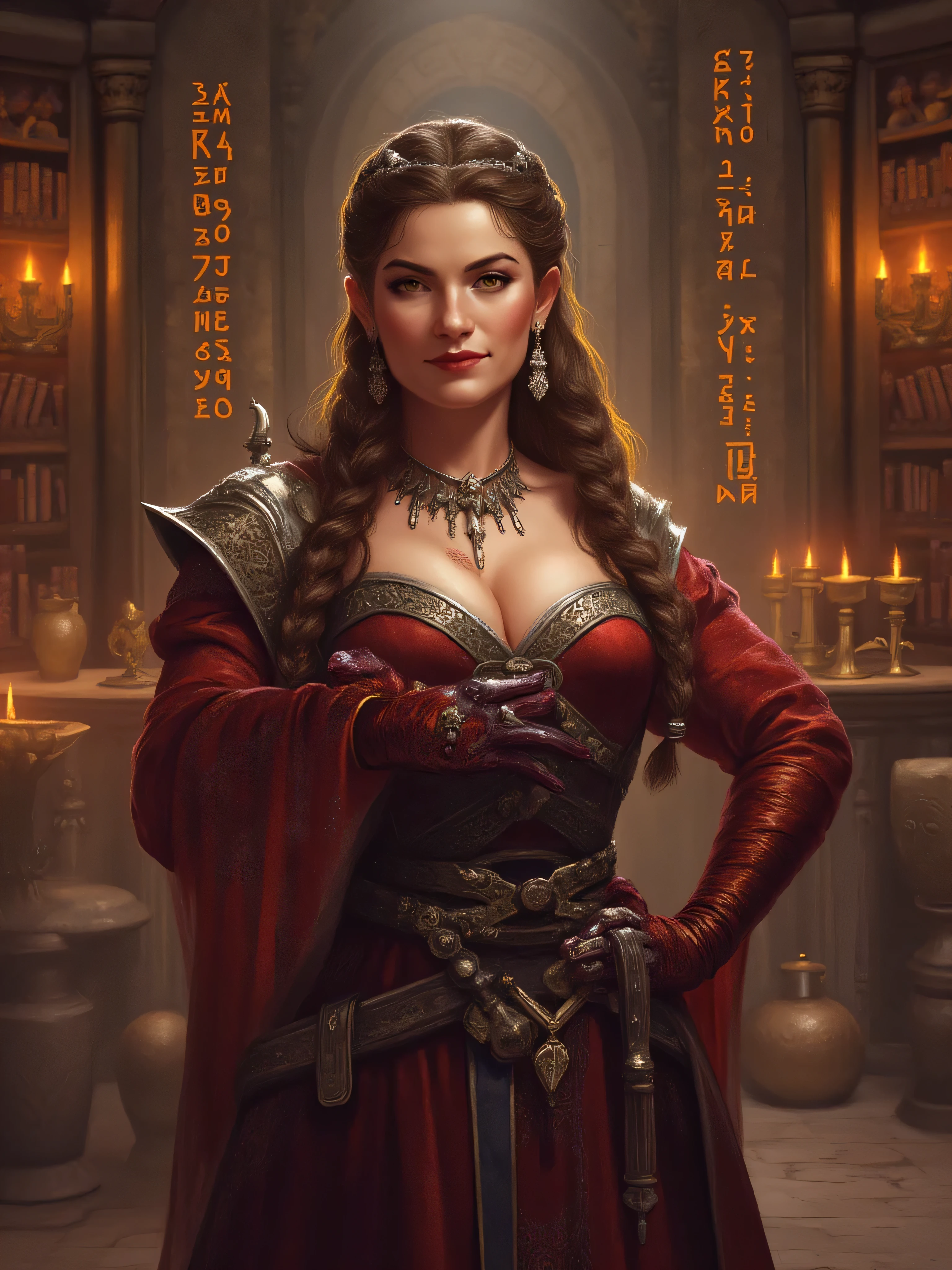 elegant female dwarf, wearing a luxurious velvet glove, Pathfinder fantasy style, finely braided hair, ornate jewelry, confident refined expression, velvet glove is deep-colored and richly textured, authority and quiet power, stands, high-fantasy setting, arcane bookshelves, glowing runes, dwarven hall carved from stone, detailed gown pieces, filigree accents, warm dramatic lighting, high-detail rendering, heroic fantasy mood