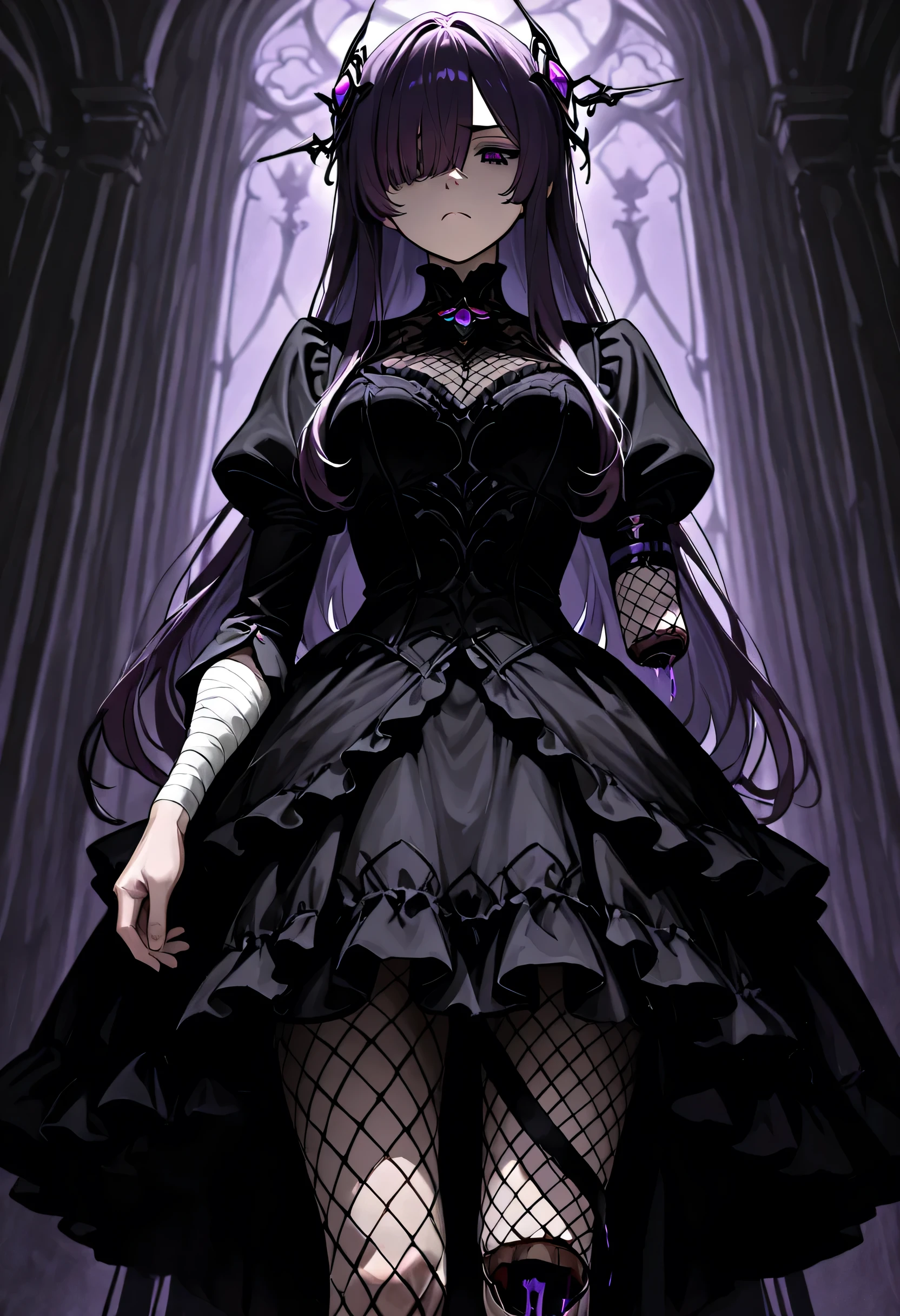 1girl, long hair, dark purple hair, bangs, sidelocks, purple pupils, hair over one eye, hair ornament, black dress, frilled dress, juliet sleeves, heterochromia, missing limb, amputee arm, frown, fishnets, solo, standing, Looking down, Bandaged arm