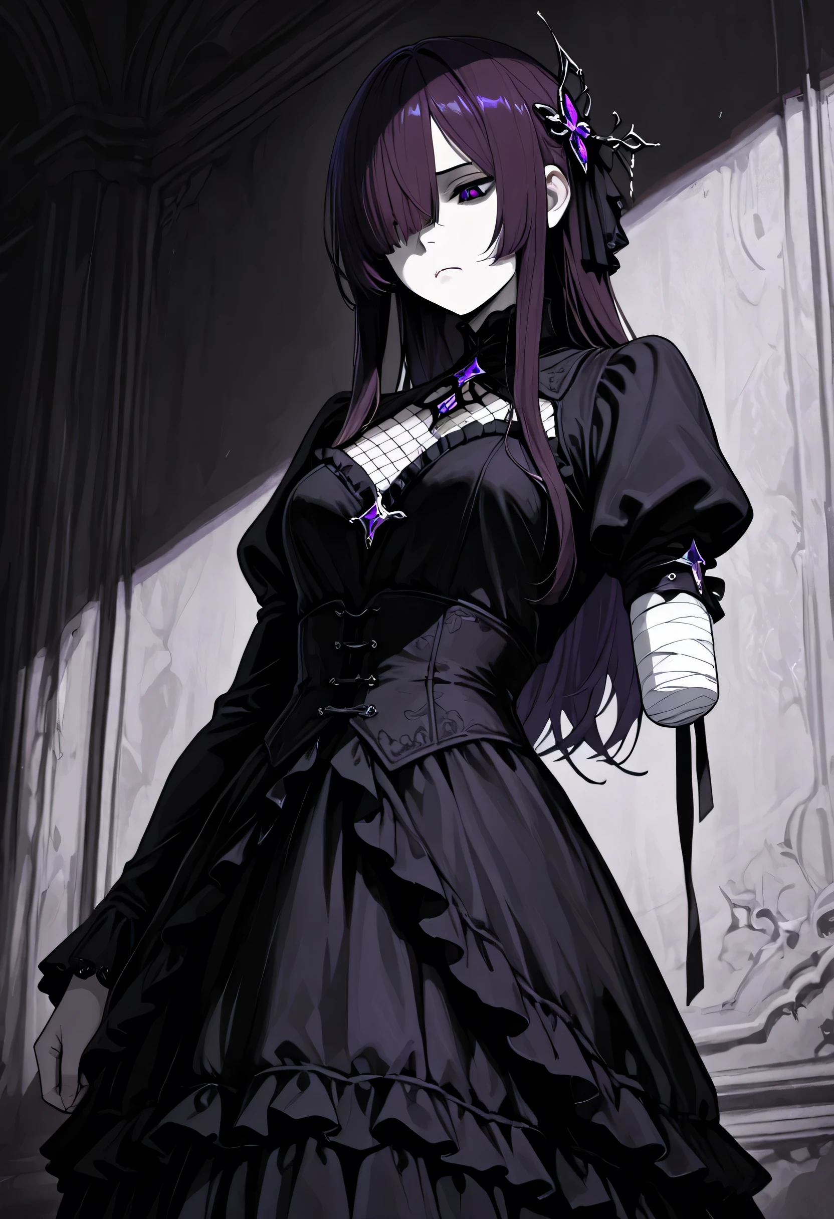 1girl, pale skin, long hair, dark purple hair, bangs, sidelocks, purple pupils, hair over one eye, hair ornament, black dress, frilled dress, juliet sleeves, heterochromia, missing limb, amputee arm, frown, fishnets, solo, standing, Looking down, Bandaged arm