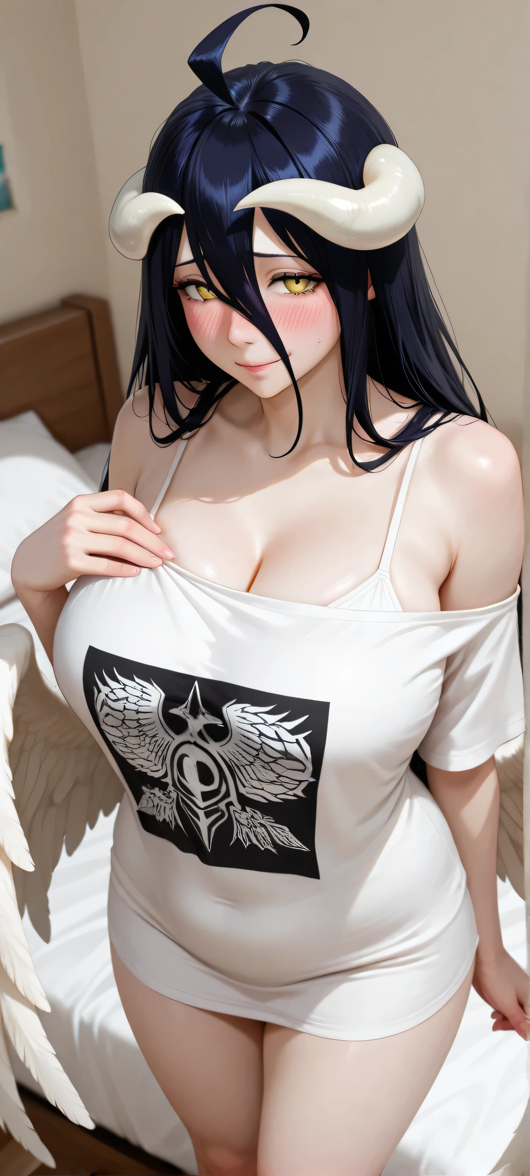 albedo overlord (no wings), pale white skin, blushing and shy face, white camisole straps visible, oversized t-shirt black bare shoulders and thigh-length, large breasts, she is posing sexily on the bed, bedroom background, overhead shot, curvy body, slightly plump, half body shot, focus on face and chest, high-quality image results, looks real, clear, hd, 8k, 4k, png.