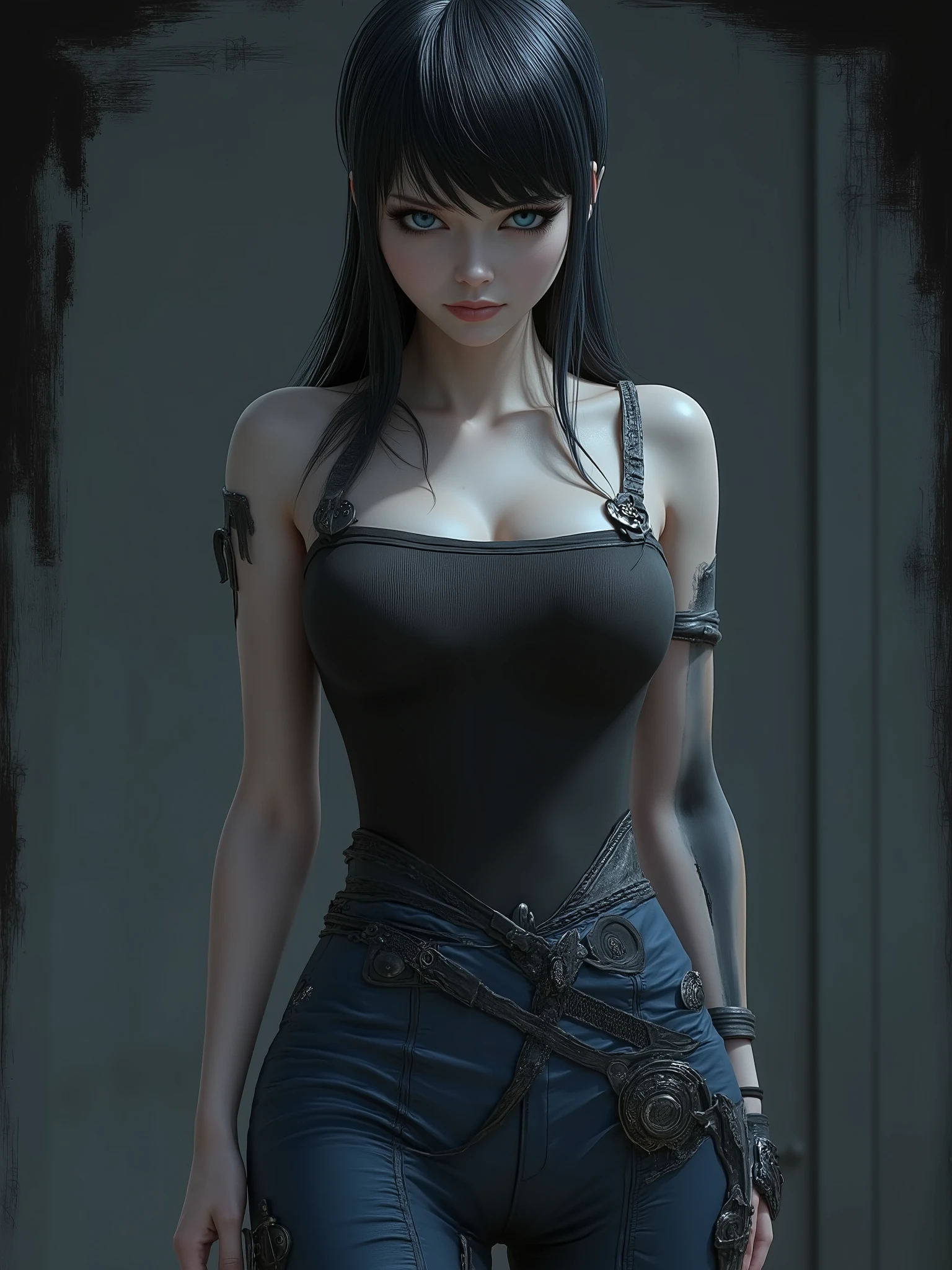 marinette Dopanchan, ArsMJStyle, Eldritch Sci-Fi, A very beautiful and cute 22 year old woman. (Sharp focus on the face:1.5), (blue eyes:1.5), (((western eyes))), (extremely detailed blue eyes:1.5), (((beautiful eyes, beautifully detailed eyes))), (((delicately detailed thin pink lips))), (((long hair))), (perfect thighs:1.5), (perfect body:1.5), (perfect anatomy), (anatomical correct). (jet-black medieval style sleeveless t-shirt:1.5), (dark_blue medieval style leather warrior pants:1.5), deep gaze, slight smile. Cinematic lighting, vibrant colors, (cowboy shot:1.5, standing:1.5), (full body view), looking at the viewer, dynamic pose, graceful pose, soft depth of field, (masterpiece:1.5), (best quality:1.5), (((high resolution, top quality, high quality, UHD, 16k quality))), clear image, sharp focus, no blur, film grain, bokeh. (((The background is dark_gray and painted with expressive, visible textures using dynamic brushstrokes and strokes that add depth and movement. The paint covers only the area just behind the subject. The outer edges of the image with jet-black margins, as if the background had been painted with a brush and with expressive and visible textures using dynamic brushstrokes and strokes fading toward the edges creating a modern and artistic vignette effect))).