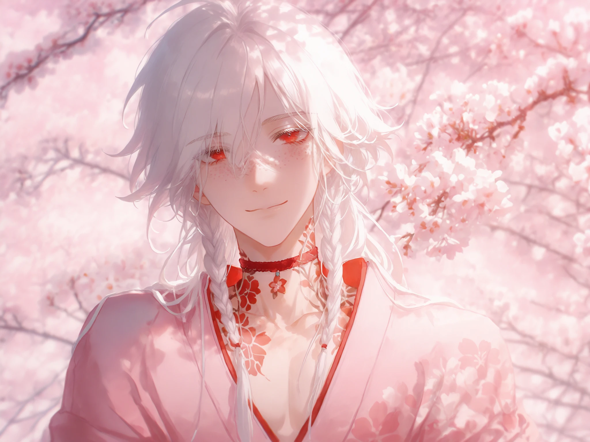 male, Asian, White hair, red eyes, cute, long hair, white lashes, freckles, delicate features, cute pose, feminine features, smile, warm gaze, cute face, feminine clothes, narrow shoulders, cute, narrow shoulders, slim body, feminine, femine clothes, skinny, long hair, cute, boy, a lot of flower tattoos on the body,  with the cherry blossom garden in the background, a lot of sakura on the background, closer look, narrow shoulders, pink background, a lot of tattoos on the body, a lot of freckles, a lot of sakura, more closer look, portrait, detailed background, sakura's trees on the background, looking at the viewer, warm gaze, short neck, bangs, two braids, pink kimono, red strand in the bangs, layered hair, beautiful choker, flower tattoos on the neck
