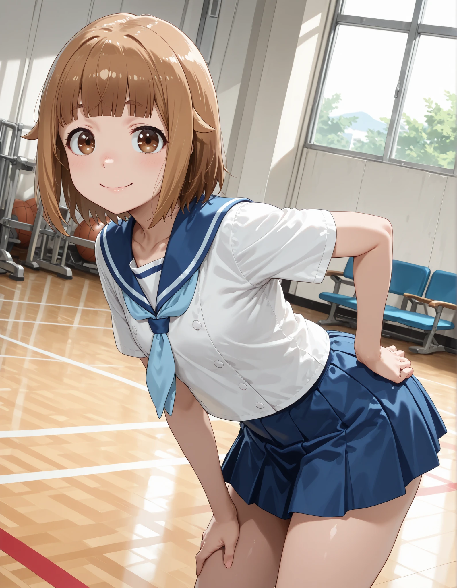 from side,masterpiece, best quality, amazing quality, detailed background, 1girl, looking at viewer, hand on own hips, ((tsurugi hina, houkago teibou nisshi, short hair, brown hair, brown eyes, bangs,summer uniform,sailor collar,neckerchief, white shirt,short sleeves, blue skirt, pleated skirt, )), micro mini skirt, ((thighs)), Gymnasium, indoors, bent over, smile, solo, dutch angle, looking at viewer, cowboy shot