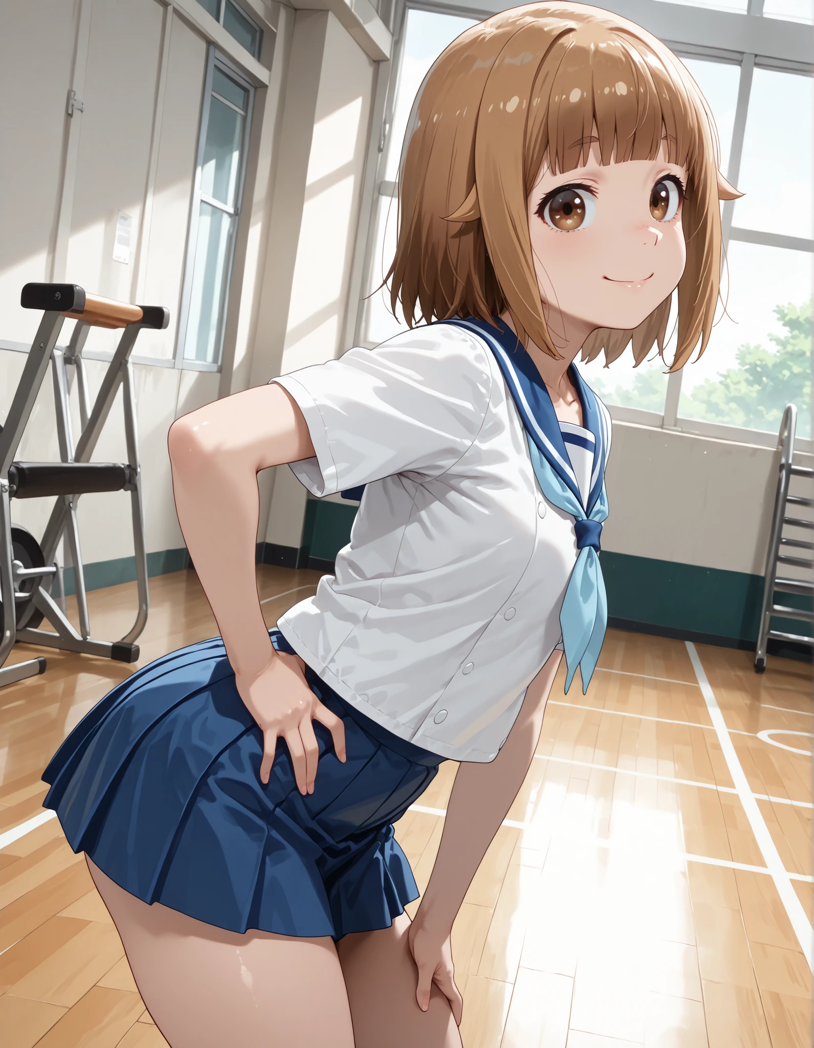 from side,masterpiece, best quality, amazing quality, detailed background, 1girl, looking at viewer, hand on own hips, ((tsurugi hina, houkago teibou nisshi, short hair, brown hair, brown eyes, bangs,summer uniform,sailor collar,neckerchief, white shirt,short sleeves, blue skirt, pleated skirt, )), micro mini skirt, ((thighs)), Gymnasium, indoors, bent over, smile, solo, dutch angle, looking at viewer, cowboy shot