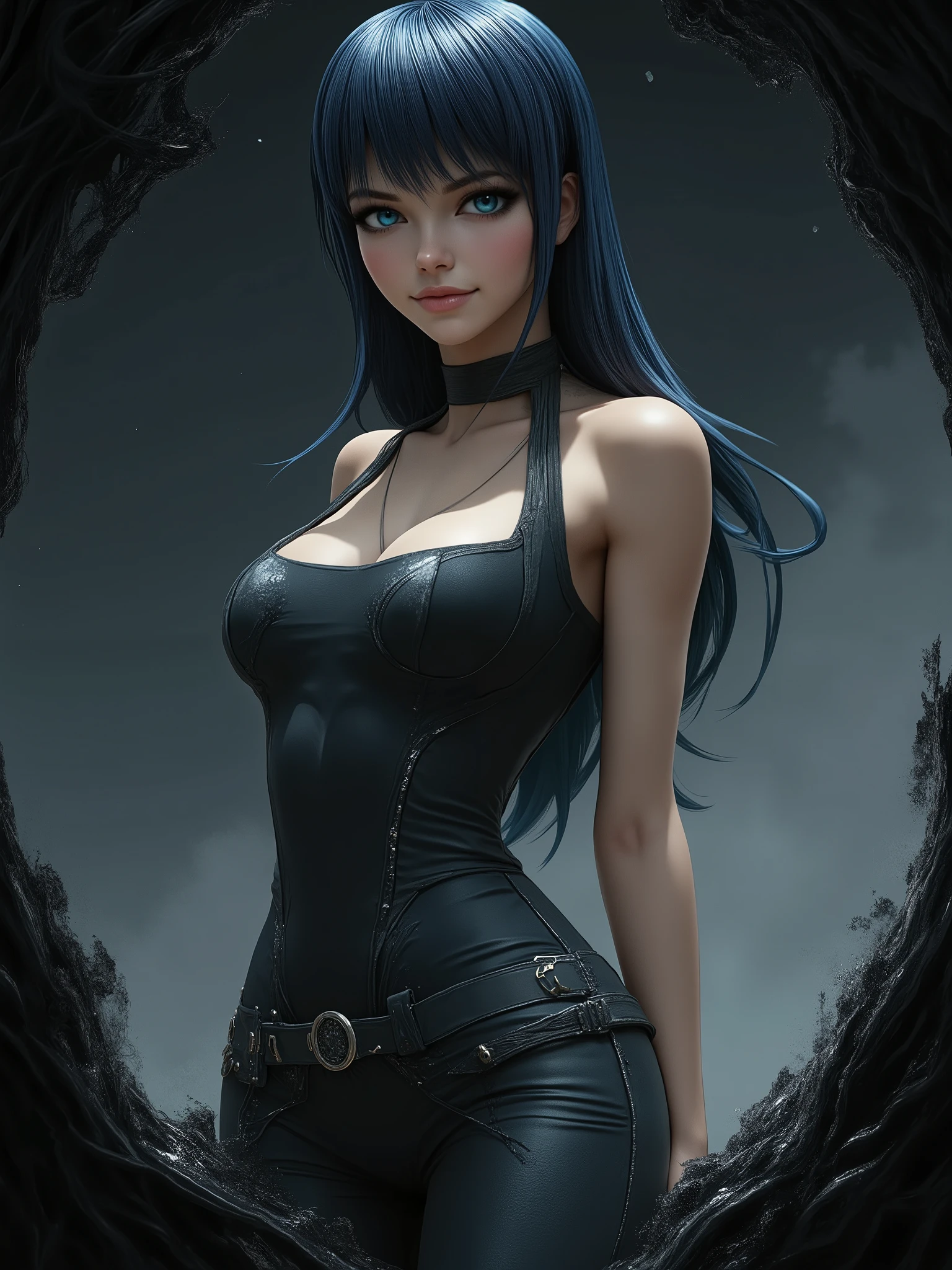 ArsMJStyle, Eldritch Sci-Fi, realistic cartoon,marinette Dopanchan,A very beautiful and cute 22 year old woman. Sharp focus on the face, blue eyes, western eyes, extremely detailed blue eyes, beautiful eyes, beautifully detailed eyes, delicately detailed thin pink lips, long hair, perfect thighs, perfect body, perfect anatomy, anatomical correct. jet-black medieval style sleeveless t-shirt, dark_blue medieval style leather warrior pants, deep gaze, slight smile. Cinematic lighting, vibrant colors, cowboy shot, standing, full body view, looking at the viewer, dynamic pose, graceful pose, soft depth of field, masterpiece, best quality, high resolution, top quality, high quality, UHD, 16k quality, clear image, sharp focus, no blur, film grain, bokeh. The background is dark_gray and painted with expressive, visible textures using dynamic brushstrokes and strokes that add depth and movement. The paint covers only the area just behind the subject. The outer edges of the image with jet-black margins, as if the background had been painted with a brush and with expressive and visible textures using dynamic brushstrokes and strokes fading toward the edges creating a modern and artistic vignette effect.