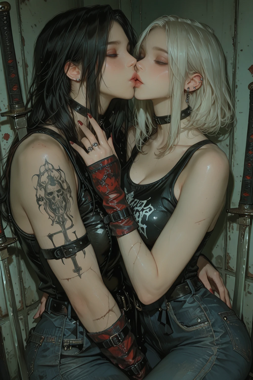 ,(Tabletop:1.2, Highest quality:1.2), 32k HDR, High resolution, ((Two contrasting women)),((Two women in love)),((Two women hugging each other)),Japanese women,(Tattoo),Goth Punk Haircut, Flat bangs, ((Silver hair in a short bob cut)),Black lipstick, Medium chest, Earrings,Crouching posture,両足を開いてsquat,Show off your crotch,Both arms are chained,Handcuffs,Showing ,One is blonde,Dimly lit room,squat,Embarrassed, moist eyes,Sad expression,Looking into the camera,Very beautiful eyes, Flat Chest,Tragic,A fleeting expression,((Both have)),((The  is growing)),(()),((Rubbing the )),((Straight  )),((全身にTattoo)),(),(Constraints),(rope),(),(ropeで縛られている),(Tortoiseshell binding),commit,suck,lick,(Hanging),((Collar with leash)),(Girl in chains),(A girl kept like a dog),Women in ,,Acme,(hoodie),(shirt),(T-shirt with logo),