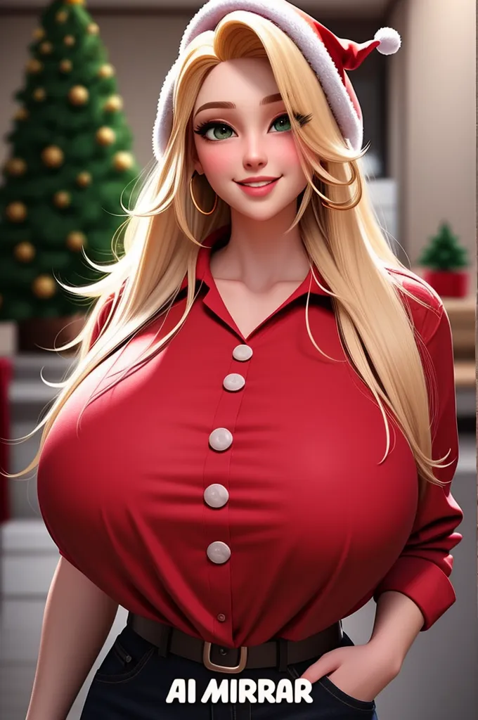 Blonde polar bear woman, wearing a Christmas bra and jean shorts, perfect face, blue eyes, , cleavage, three-quarter view, solo, smile, perfect detailed body, pink lipstick, gold earring, hand on , blushing