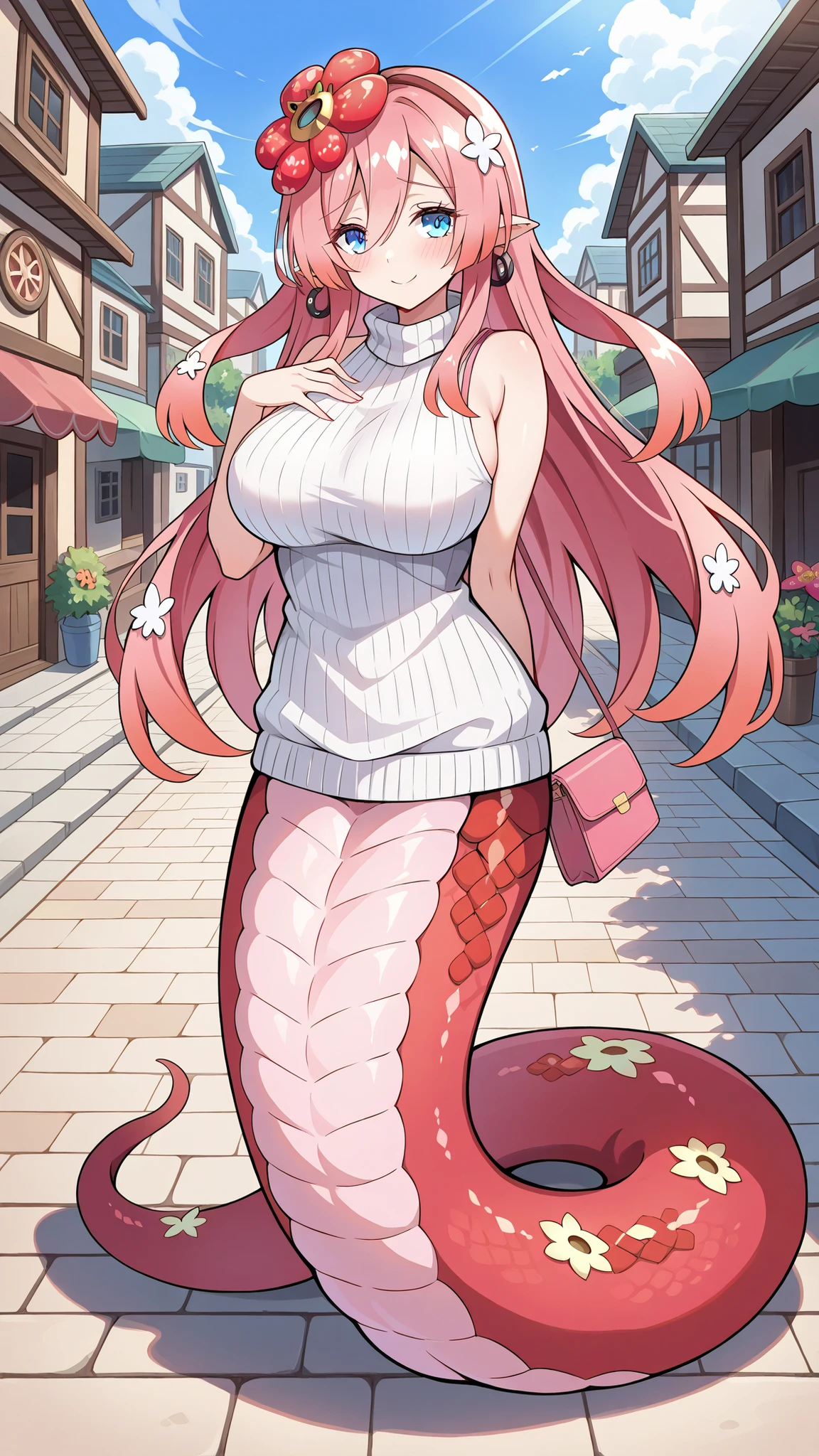 (Fraction_9:0.9),Fraction_8_Up,Fraction_7_Up,grade,(zPDXL3),( masterpiece), (Best Quality ),(All five fingers ),A Girl,alone,Traptrix Rafflesia,PINK HAIR,Liu Hai on the left,long hair,blue eyes,white sleeveless sweater,pink handbag,huge boobs,lamia,The lower half of the body is a pink snake tail,Snake Woman,Very beautiful,Smile,shy,outdoor,town,full body photo, No Legs