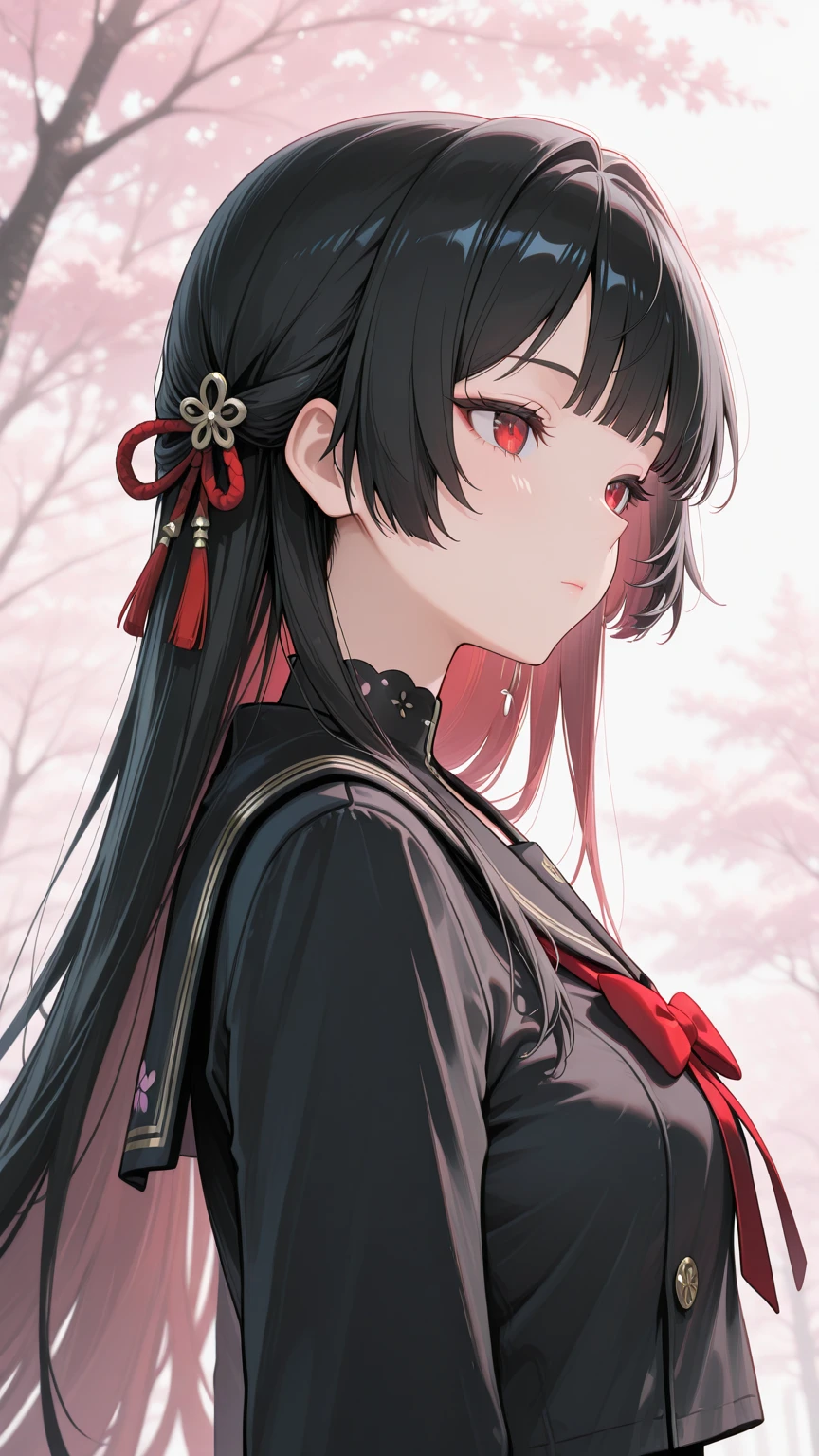 (8K, Best Quality, Masterpiece, Ultra High Resolution) 1 Girl, Very Young, Beautiful Eyes, Face Details, Black Hair, Pigtail Braids, Red Eyes, Pale Skin, Short Formal Dress, Cute Black Dress, Standing in Japanese Castle, Masterpiece, Best Quality, Upper Body, Looking at the Viewer, Close Up