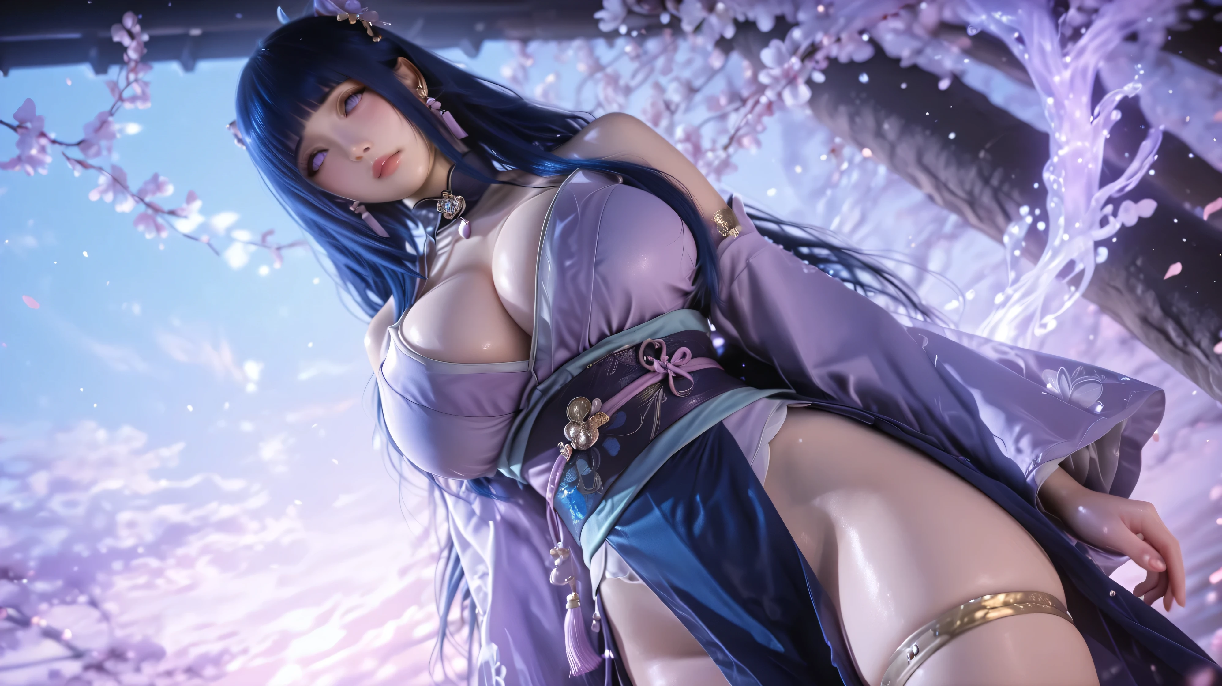 1girl, , solo, hair_ornament, hyuuga_Hinata, dark_blue_hair, japanese_clothes, looking_at_viewer, jewelry, earrings, large_breasts, pelvic_curtain, sash, bangs, kimono, thighs, thighlet, bare_shoulders, from_below, closed_mouth, obi, cleavage, lips, cowboy_shot, tassel, looking_viewers, long_hair, standing, , big_breast, , no_panty