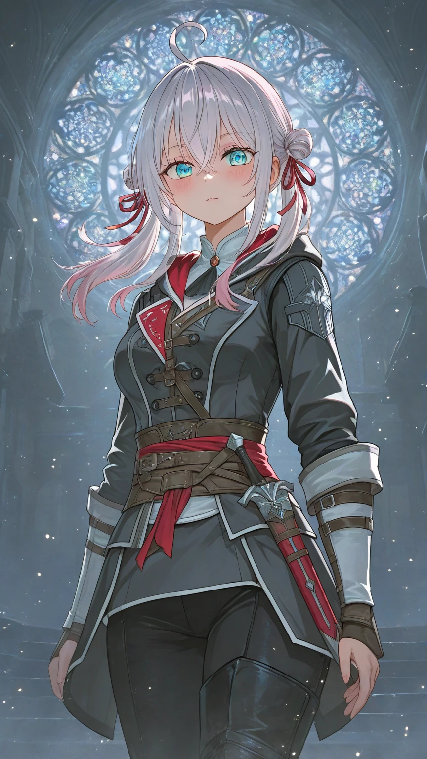 Female, White hair, purple eyes, cool, 148 cm, 18 years, Wooden Stick, short hair, Raider Heavy Armor, Turtle's Rusty bracelet, Ushanka Hat2, Tomboy, wasteland