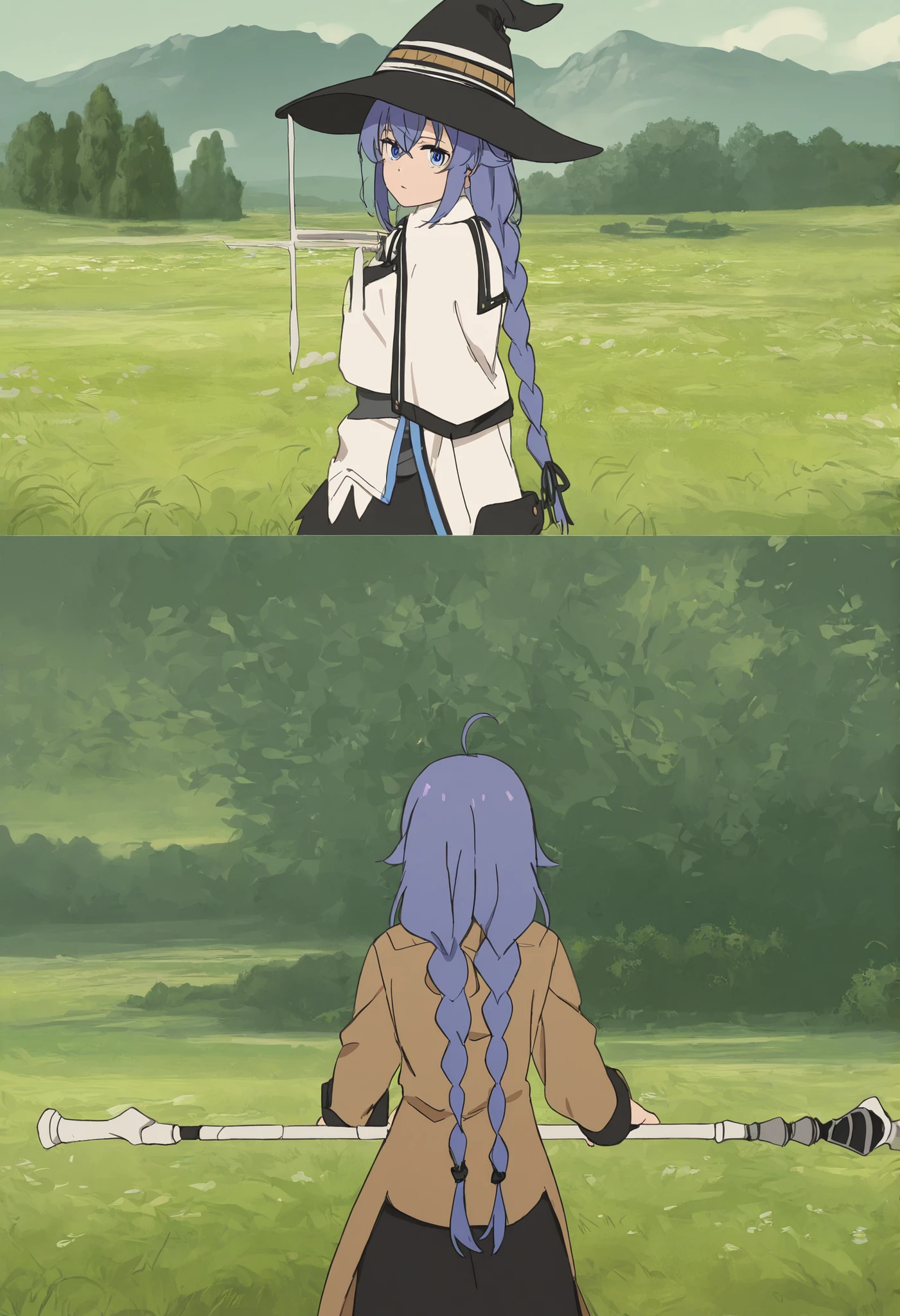 masterpiece, mejor calidad, newest, extremely high resolution, high resolution, Ojos detallados, beautiful/a, detailed background, perfect eyes, coloring anime, 1girl, Alone, small, Roxy Migurdia, cabello azul, cabello largo, twin braids, vello entre los ojos, buttocks,back,view rear,choke, blue eyes, pechos smalls, RoxyMagea, witch hat, Brown coat, white jacket, long sleeves, Black skirt, black socks, white boots, holding the wizard's staff, looking at the spectator, ojos entrecerrados, (detailed background, outdoor, meadow, tree, upper body),