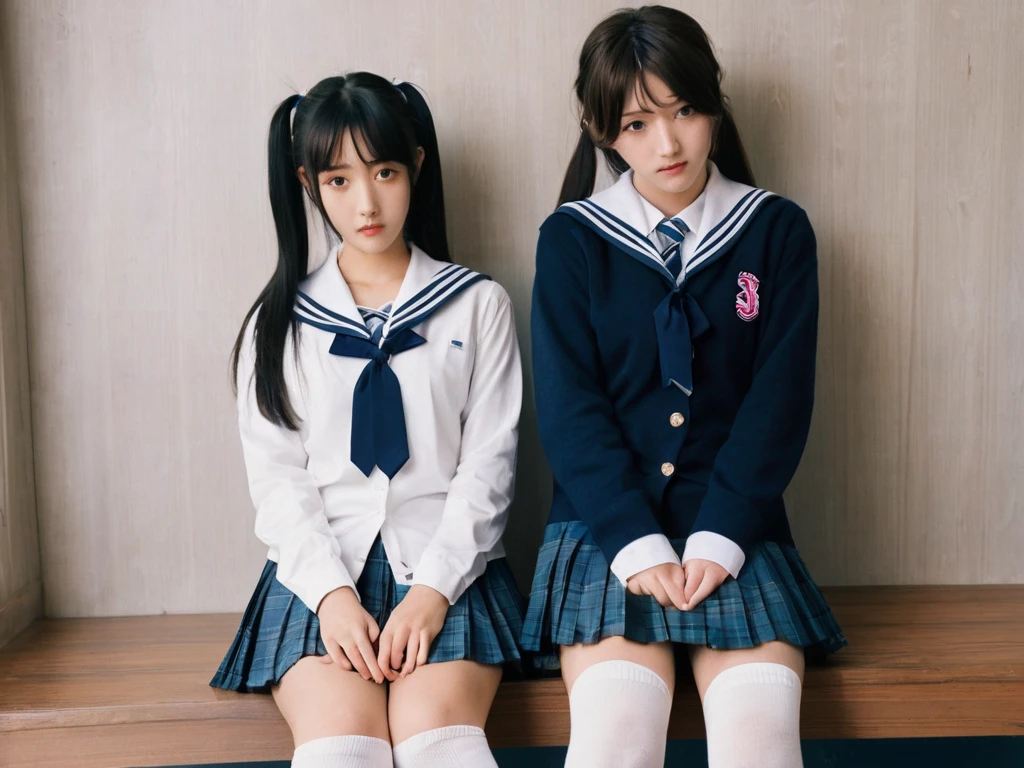 school hallway、Two beautiful girls、Same school uniform、Same sailor suit、sixteen years old、Stunned expression、long  skirt、