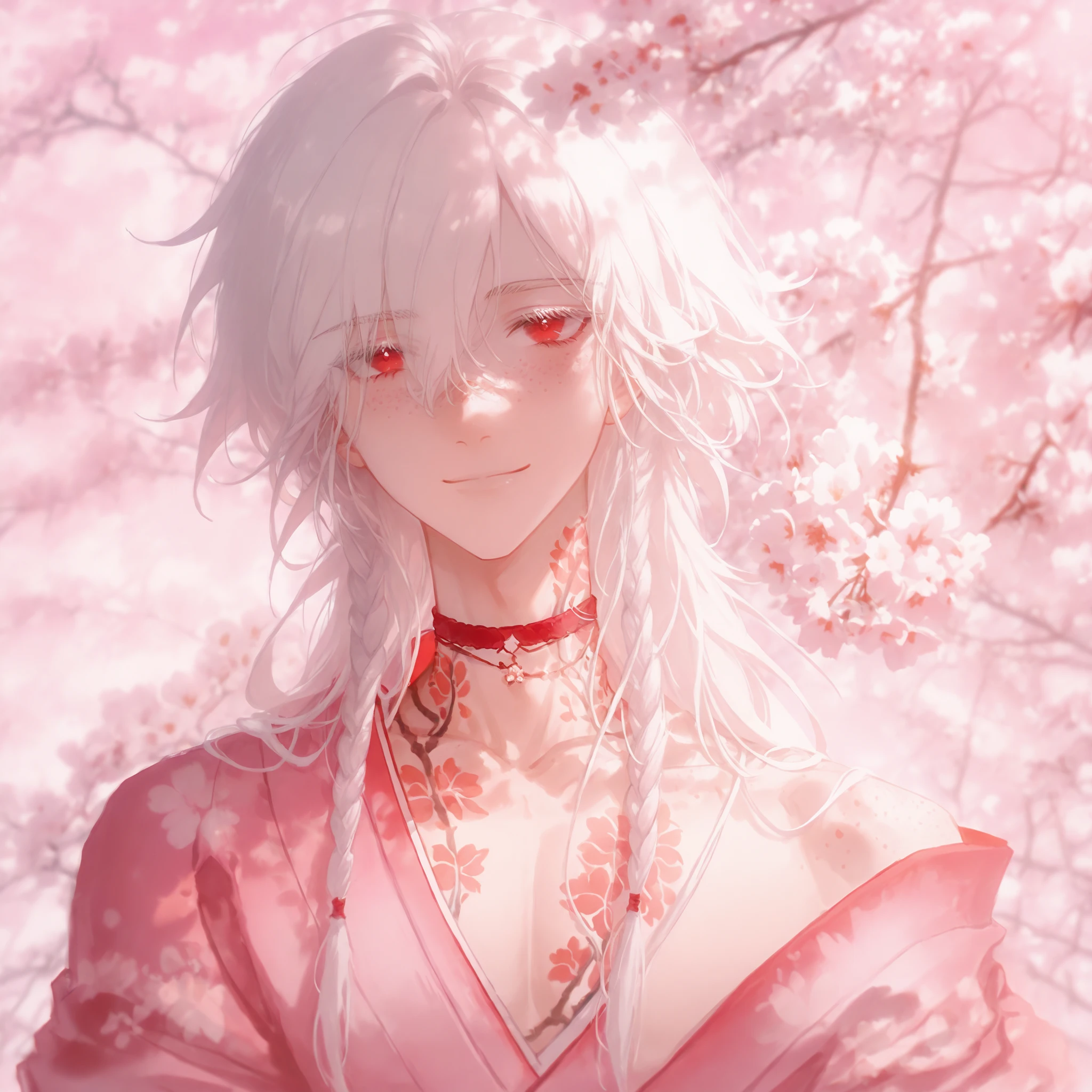 male, Asian, White hair, red eyes, cute, long hair, white lashes, freckles, delicate features, cute pose, feminine features, smile, warm gaze, cute face, feminine clothes, narrow shoulders, cute, narrow shoulders, slim body, feminine, femine clothes, skinny, long hair, cute, boy, a lot of flower tattoos on the body,  with the cherry blossom garden in the background, a lot of sakura on the background, closer look, narrow shoulders, pink background, a lot of tattoos on the body, a lot of freckles, a lot of sakura, more closer look, portrait, detailed background, sakura's trees on the background, looking at the viewer, warm gaze, short neck, bangs, two braids, pink kimono, red strand in the bangs, layered hair, beautiful choker, flower tattoos on the neck